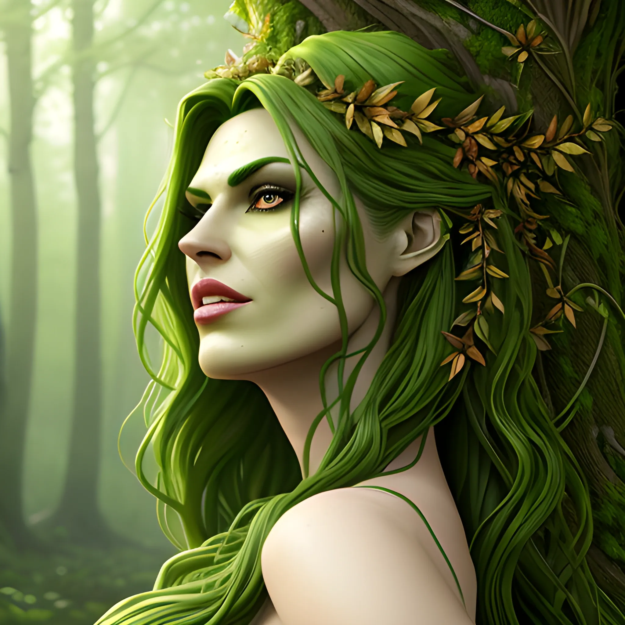 She hulk, green girl, plant girl, Beautiful woodland background, green skin, Attire made of plants leaves and vines, a green skinned dryad woman with hair blowing in the wind, flowers in her hair, full body view, green skinned dryad girl, solo, long hair blowing in the wind, looking at viewer, green hair, cascading hair, long hair, vines woven into long hair, druid, green dryad druid, standing, druid outfit made of vines and leaves, billowing in the breeze, hair long, green skin, lips, nature, forest, realistic, DeviantArt, highly detailed, highly detailed, dof, fantasy, beautiful flower background, dynamic, lighting, award winning, crisp quality, hyper realistic, hyper detailed, 4k resolution, highly detailed background, digital painting, trending on artstation, close up,