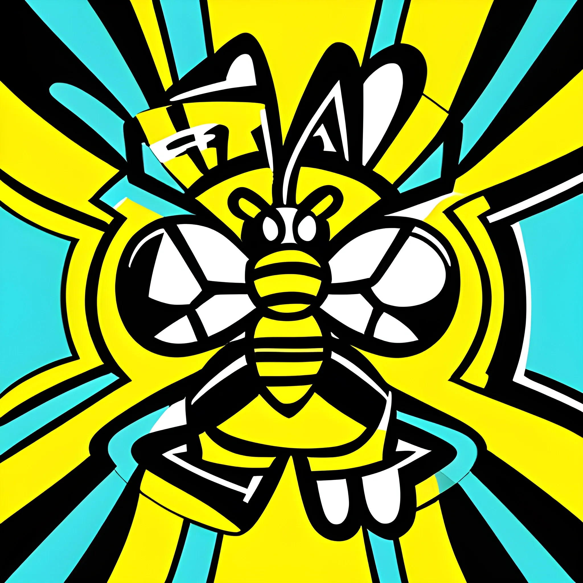 A stylized cartoon bee, made up of simple geometric shapes, with clean lines and bold colors, floating in mid-air amidst an abstract and surreal environment, filled with vivid hues and abstract patterns, evoking a sense of wonder and curiosity, resembling the art style of Keith Haring, with a vibrant and energetic atmosphere.