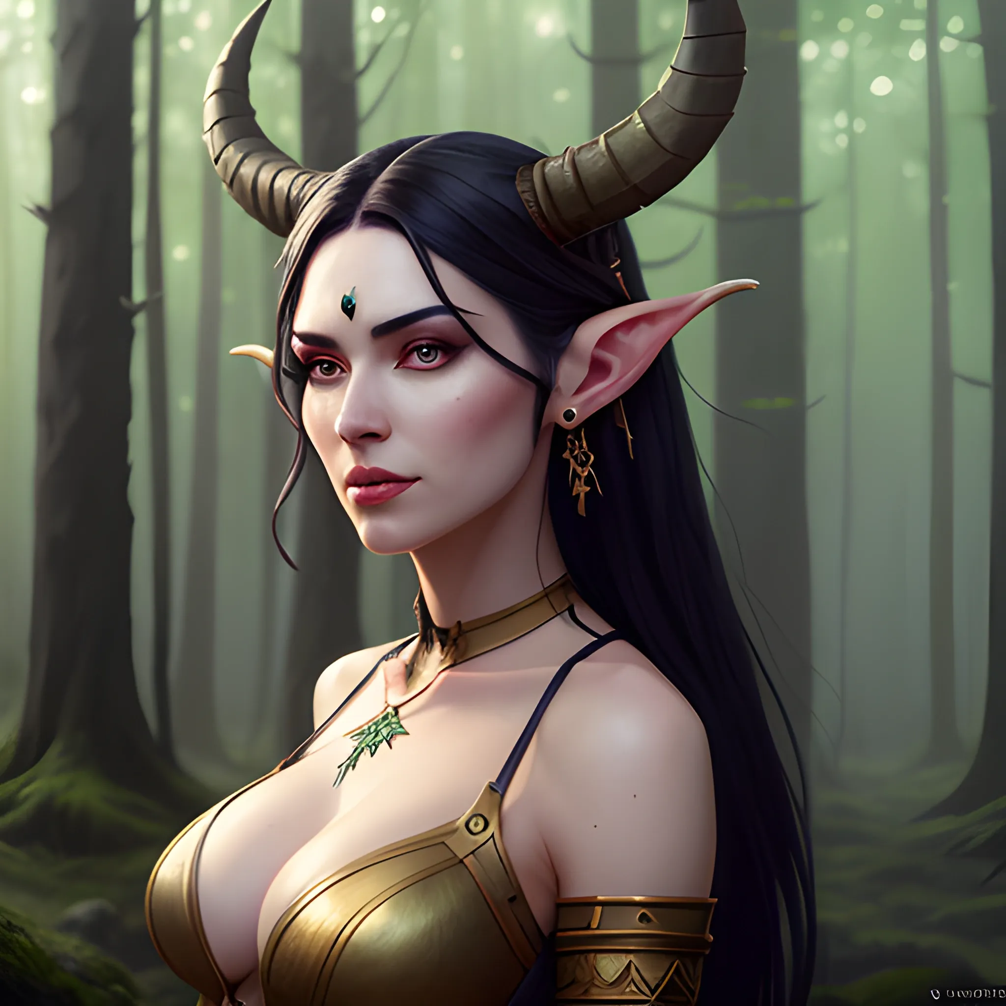 a woman with horns on her head, standing in a forest with trees in the, elf, one girl, solo, long hair, black hair, navel, cleavage, jewelry, standing, earrings, horns, pointy ears, midriff, signature, necklace, tree, nature, forest, realistic, DeviantArt, highly detailed, highly detailed, dof, fantasy, beautiful, dynamic, lighting, award winning, crisp quality, hyper realistic, hyper detailed, 4k resolution, highly detailed background, digital painting, trending on artstation, artstastion, highly detailed, digital painting, trending on artstation, pixiv, concept art, sharp focus, illustration, art by Ross Tran and Greg Rutkowski and Walt Disney animation