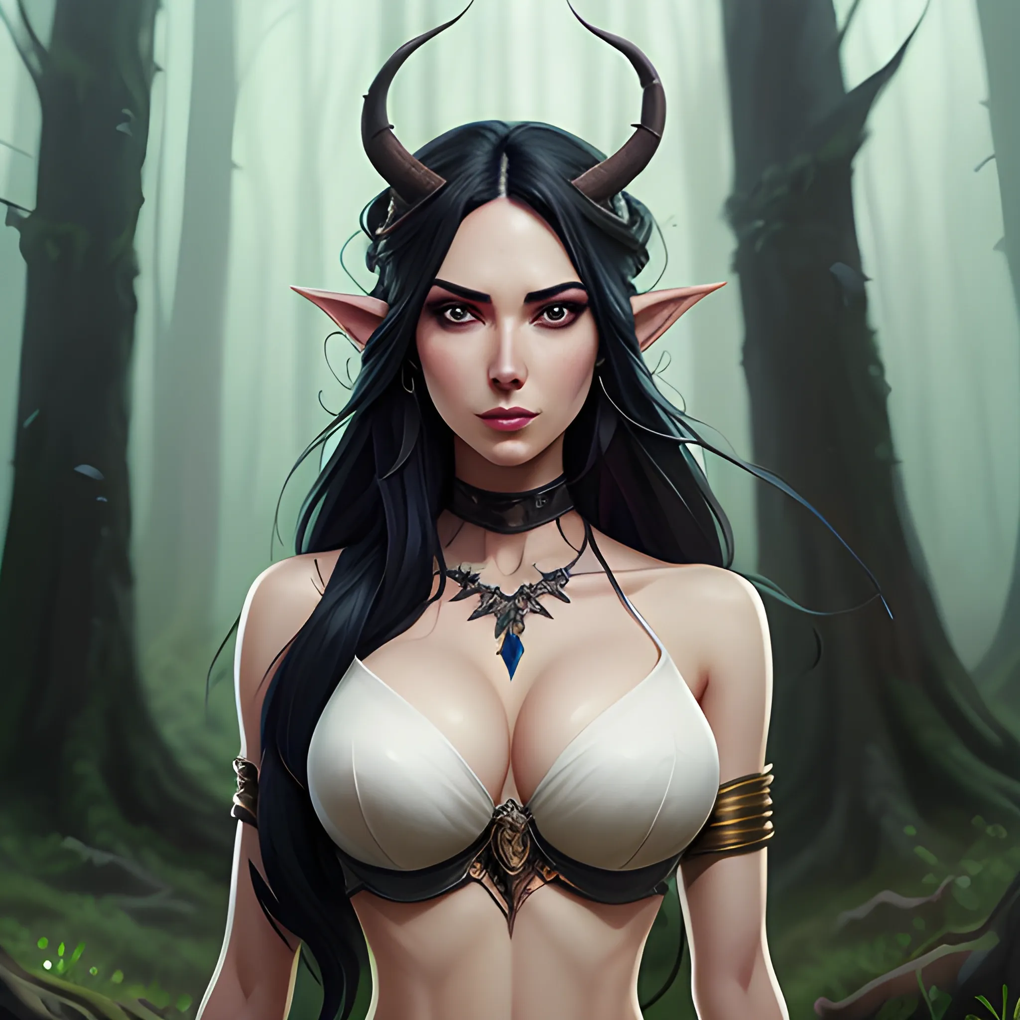 a woman long wind blown hair, standing in a forest with trees, elf, one girl, solo, long hair, black hair, navel, cleavage, jewelry, standing, earrings, horns, pointy ears, midriff, signature, necklace, tree, nature, forest, realistic, DeviantArt, highly detailed, highly detailed, dof, fantasy, beautiful, dynamic, lighting, award winning, crisp quality, hyper realistic, hyper detailed, 4k resolution, highly detailed background, digital painting, trending on artstation, artstastion, highly detailed, digital painting, trending on artstation, pixiv, concept art, sharp focus, illustration, art by Ross Tran and Greg Rutkowski and Walt Disney animation