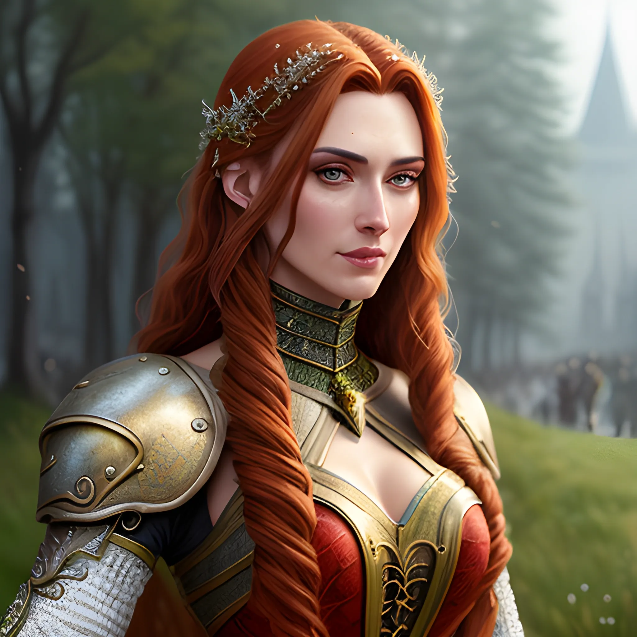 best quality, ultra detailed, beautiful detailed eyes, beautiful detailed face, beautiful detailed hair, perfect anatomy, five fingers, shiny hair, one girl, tall, slender, beautiful eyes, high leg, red hair, long hair, tall, narrow waist, long leg, medieval clothes, clothes of a traveler, medieval road background, detailed background, realistic, DeviantArt, highly detailed, highly detailed, dof, fantasy, beautiful, dynamic, lighting, award winning, crisp quality, hyper realistic, hyper detailed, 4k resolution, highly detailed background, digital painting, trending on artstation, artstastion, highly detailed