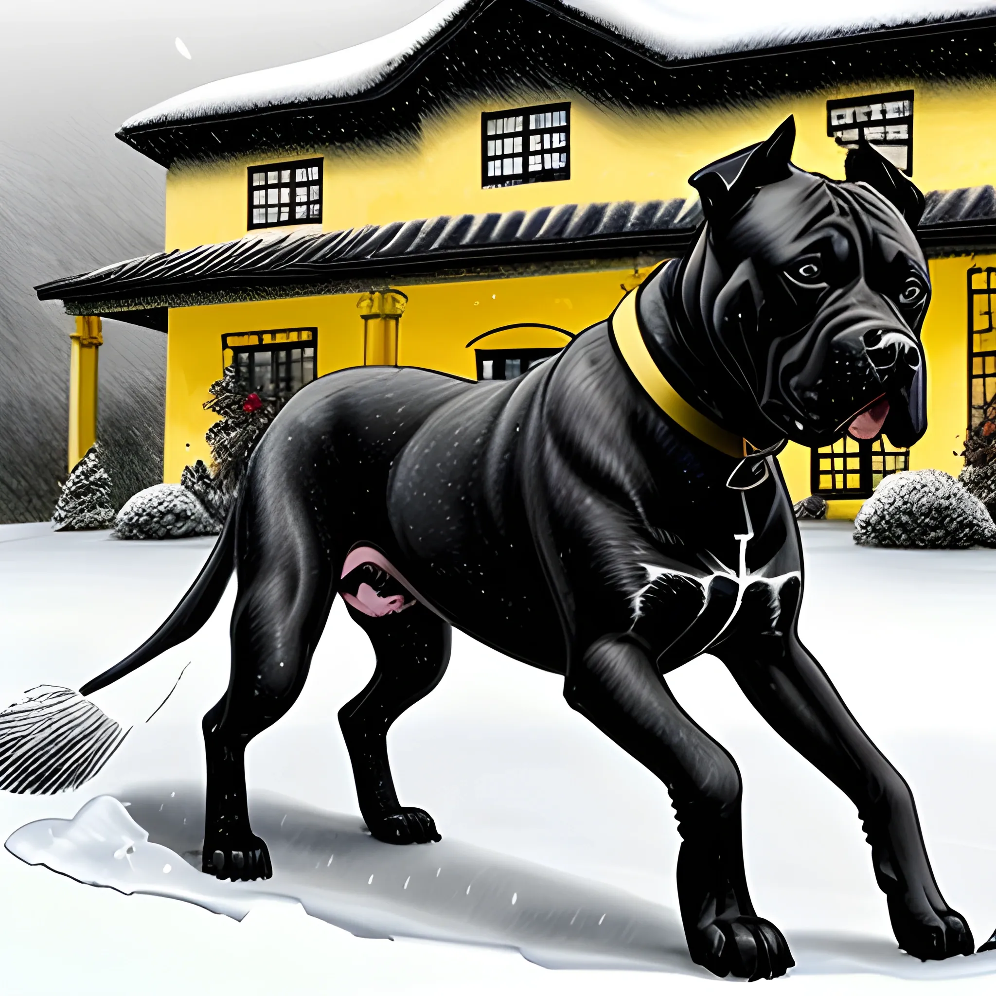 Draw a huge all-black pitbull dog, with bright yellow eyes, tending a huge yard of a beautiful house in the countryside, with snow falling from the skies.