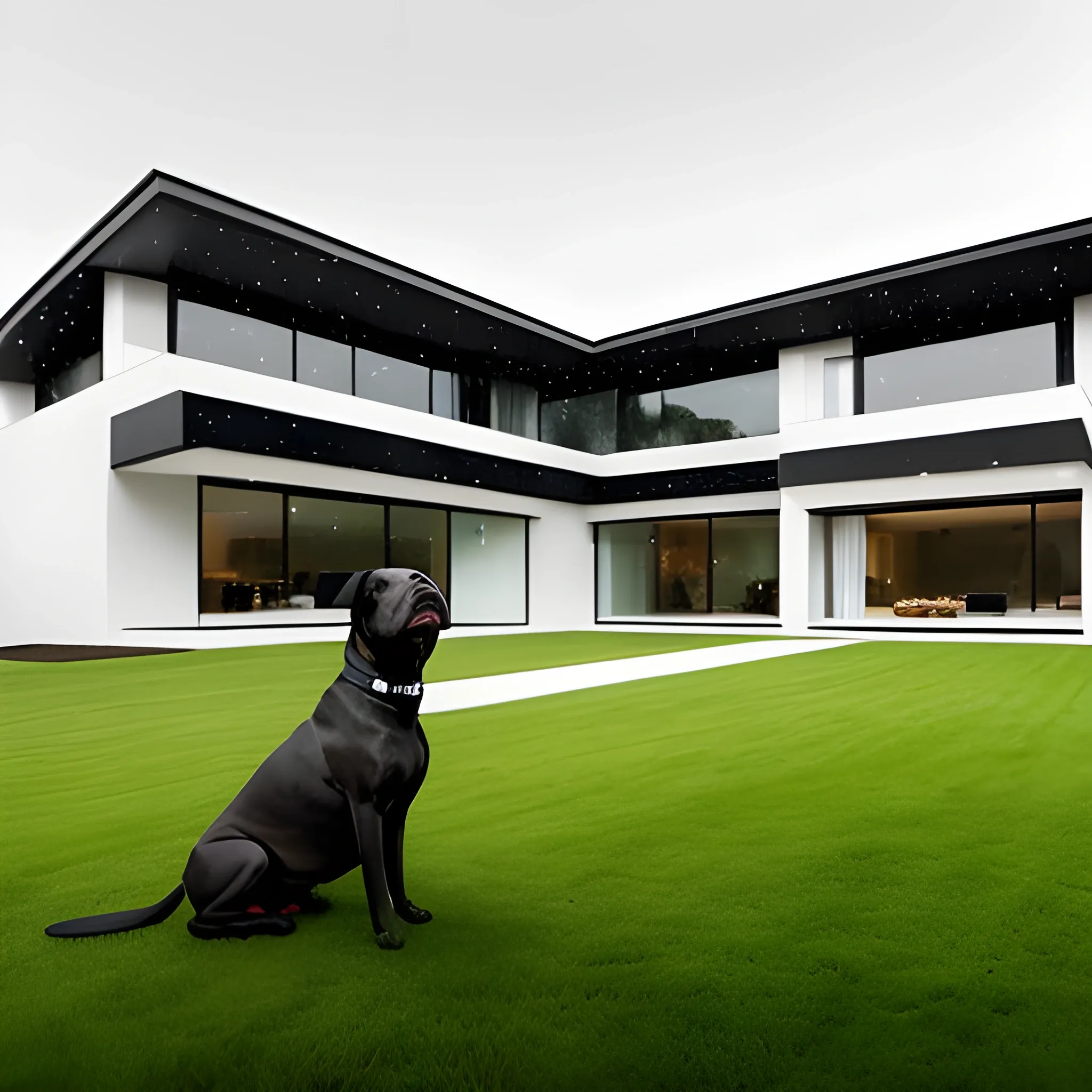 A huge all-black pitbull dog, with big head and bright yellow eyes, next to a all-white little female maltese dog, tending a huge yard of a big beautiful modern house in the countryside, with snow falling from the skies.