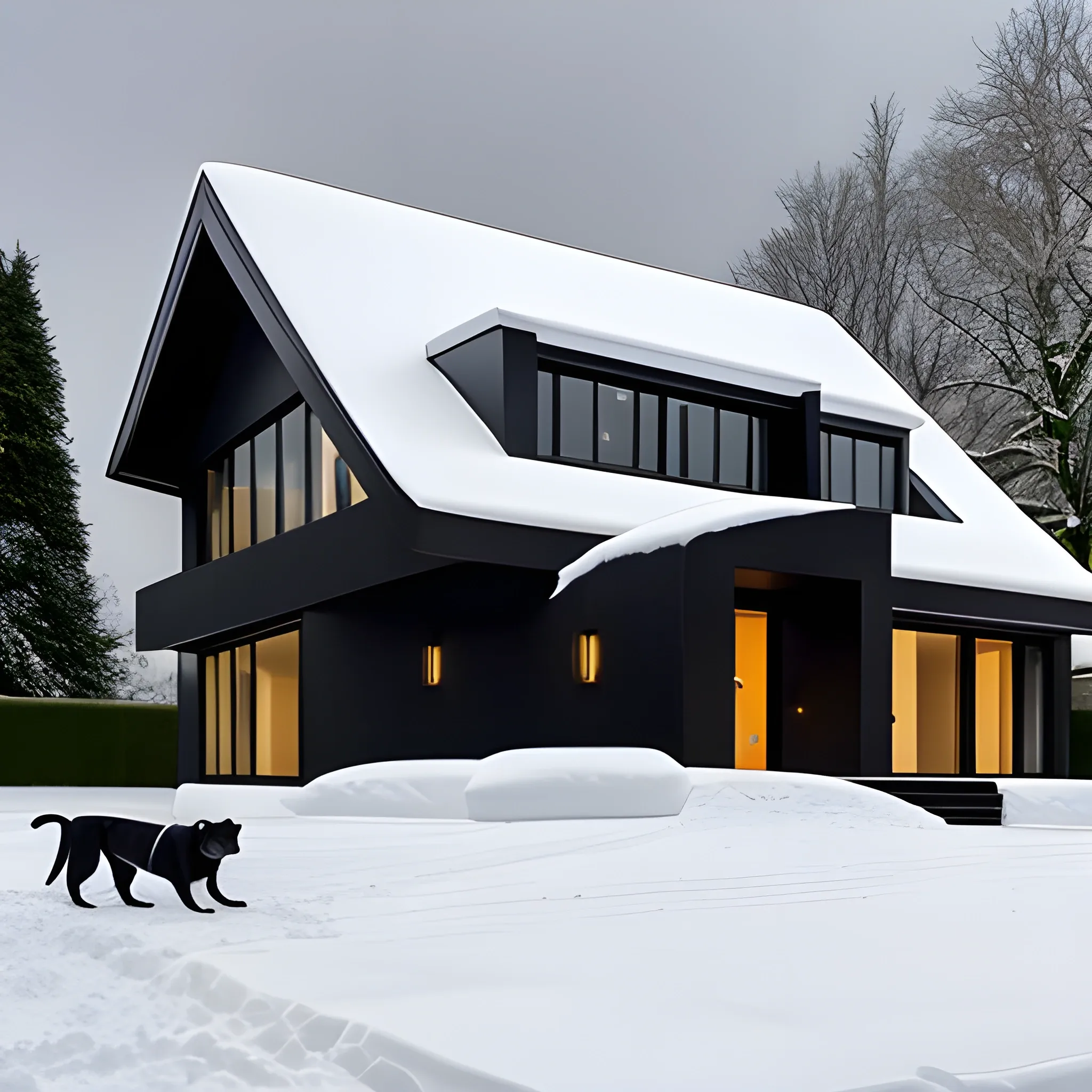 Two dogs: One A huge all-black pitbull dog, with big head and bright yellow eyes, and the other, a all-white little female maltese dog, tending a huge yard of a big beautiful modern house in the countryside, with snow falling from the skies.