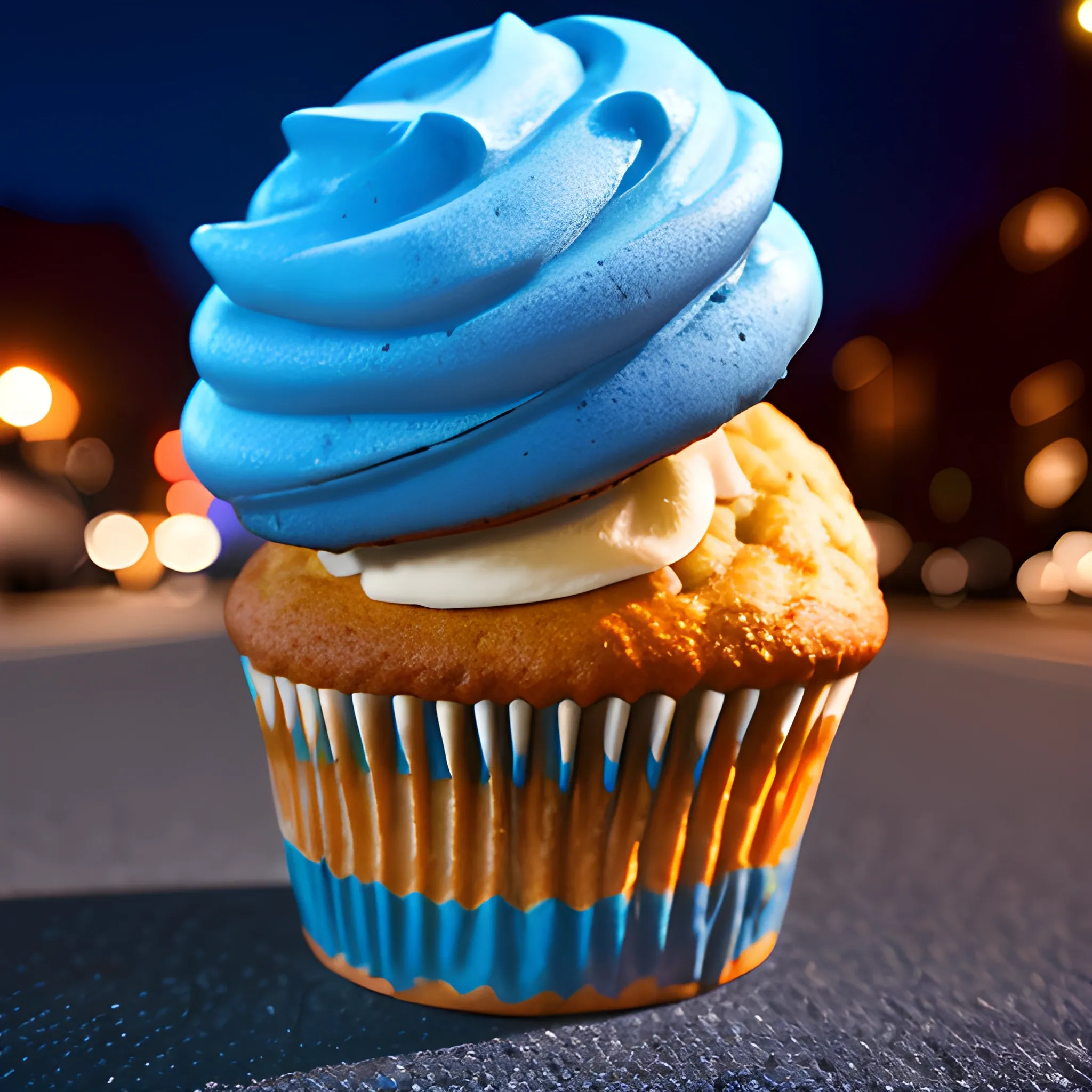 Timberson style muffin bluey, on the street at night