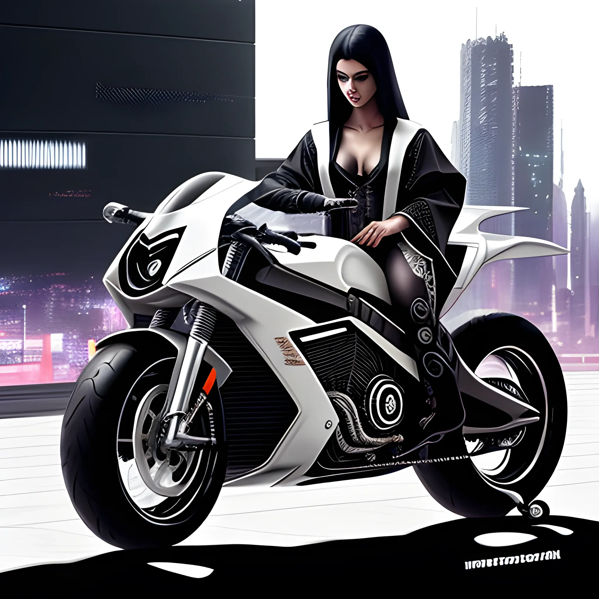 Spanish beauty, wearing a Black and white robe, wrapped in silver, riding a futuristic motorcycle, cyberpunk style

