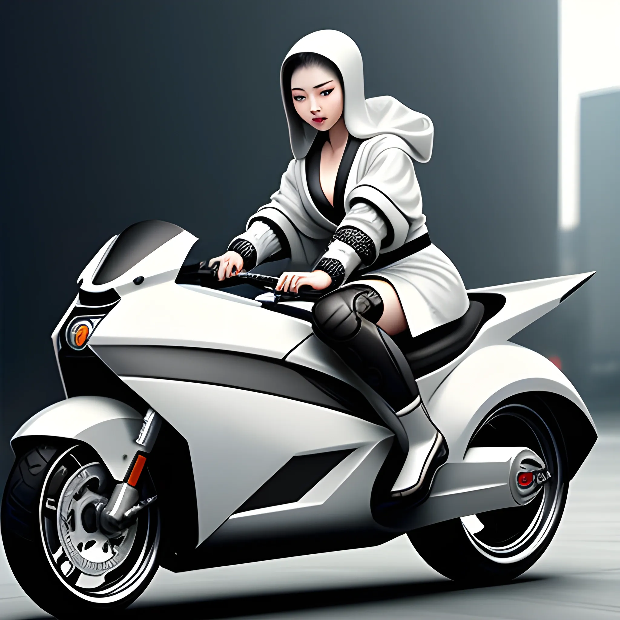 Chinese beauty, wearing a gray and white robe, wrapped in silver, riding a futuristic motorcycle, cyberpunk style