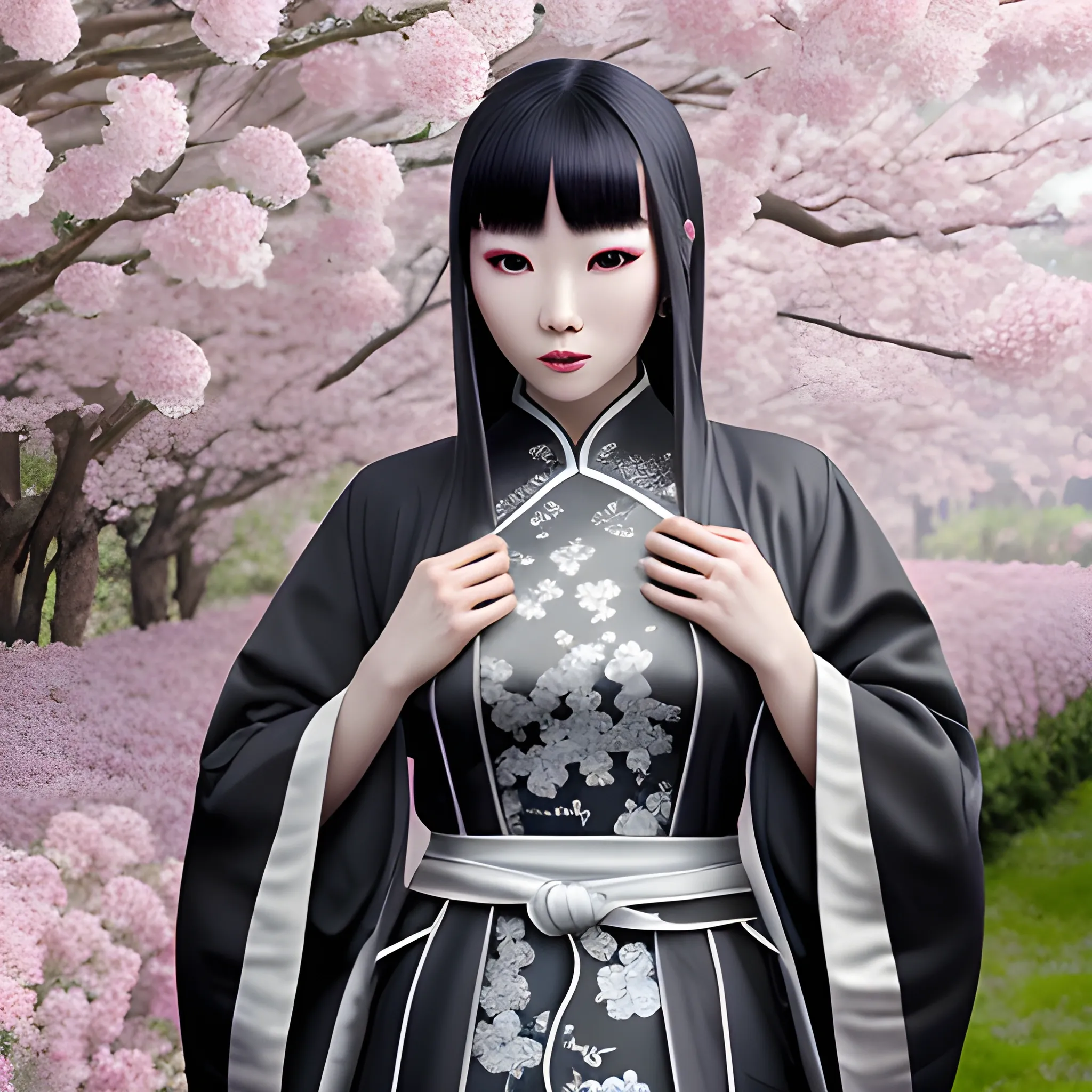 Chinese beauty, wearing a dark gray and white robe, wrapped in silver, cyberpunk style, don't show hands, standing in a flowers garden