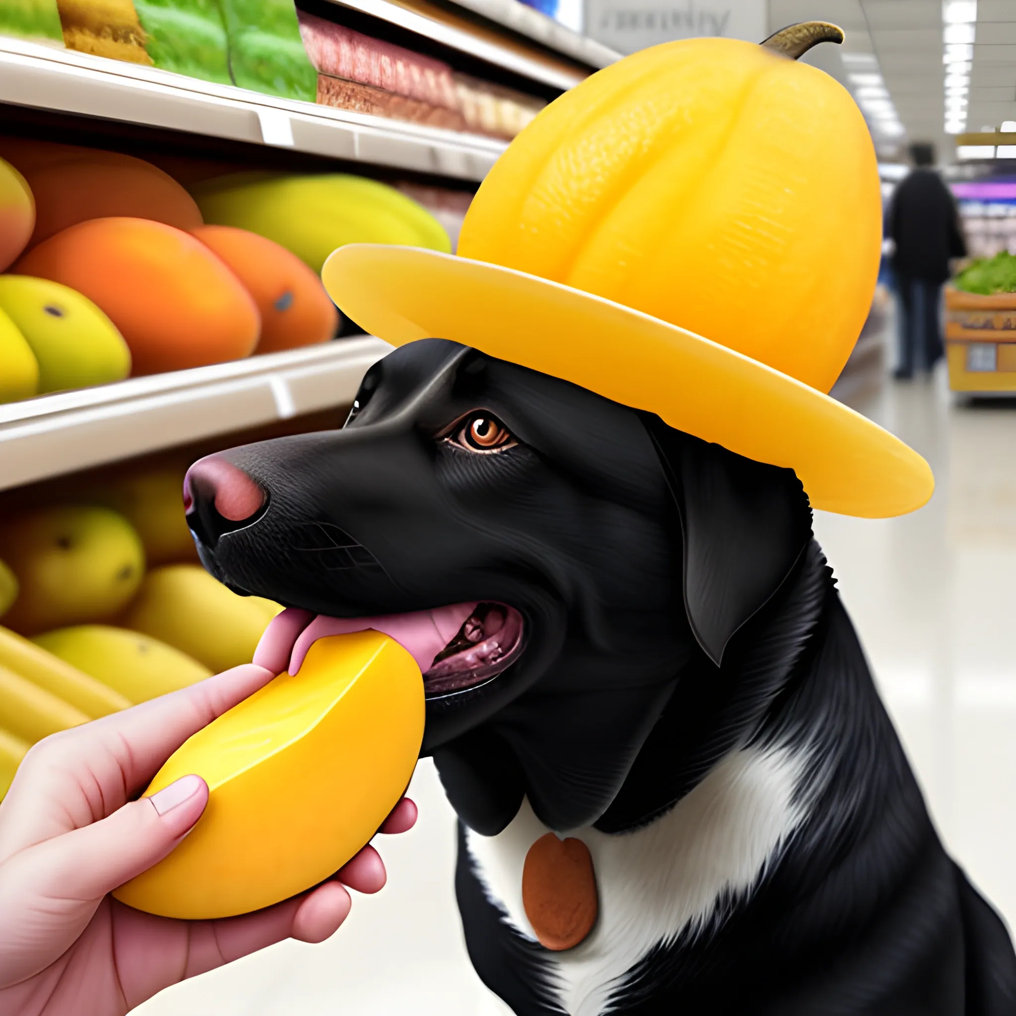 I want you to draw a dog sucking mango in the supermarket