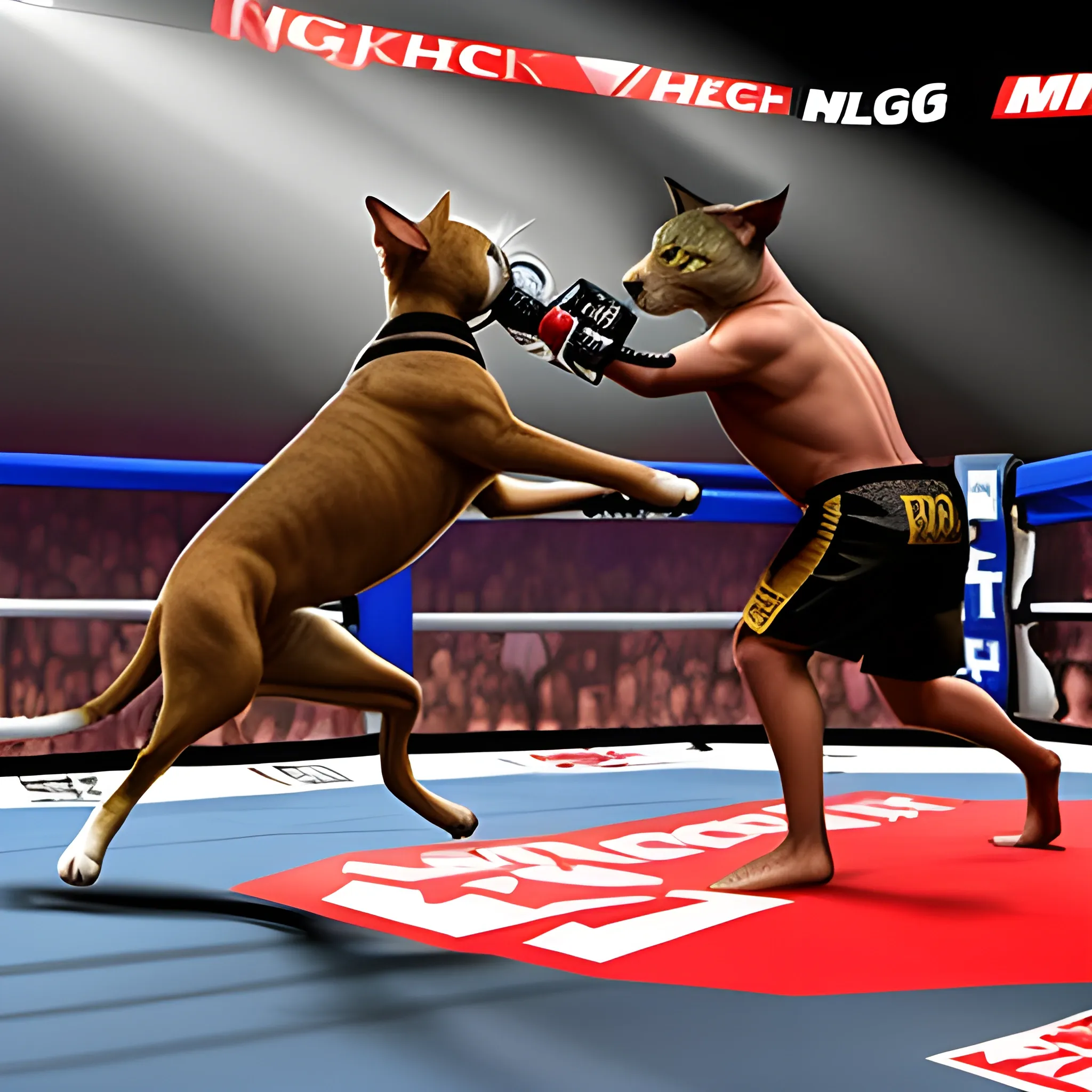 a dog fighting a cat in an MMA ring, with the crowd cheering