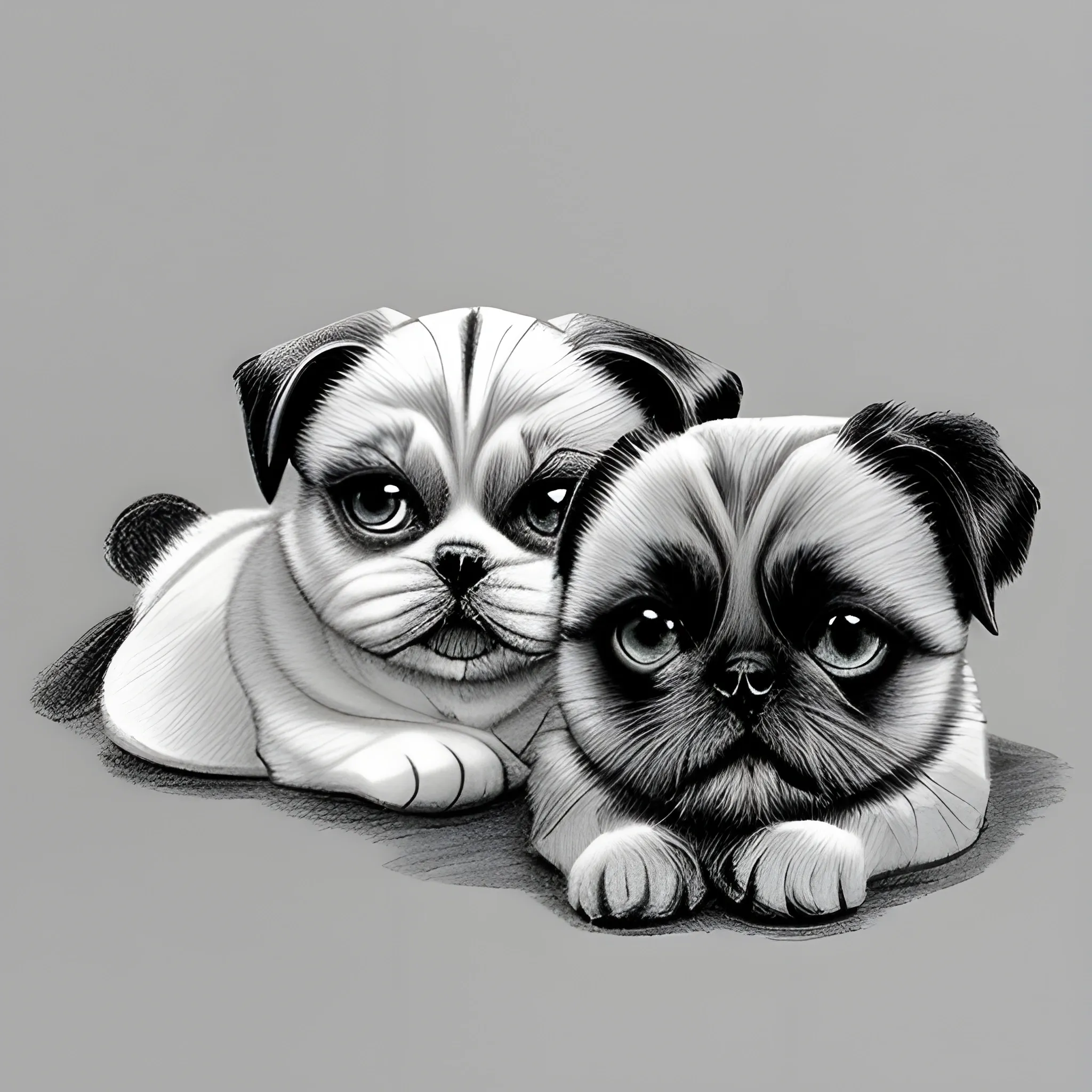 A Siamese cat being friendly with a Shih Tzu dog. the dog is black and white and the cat is white and brown, Pencil Sketch