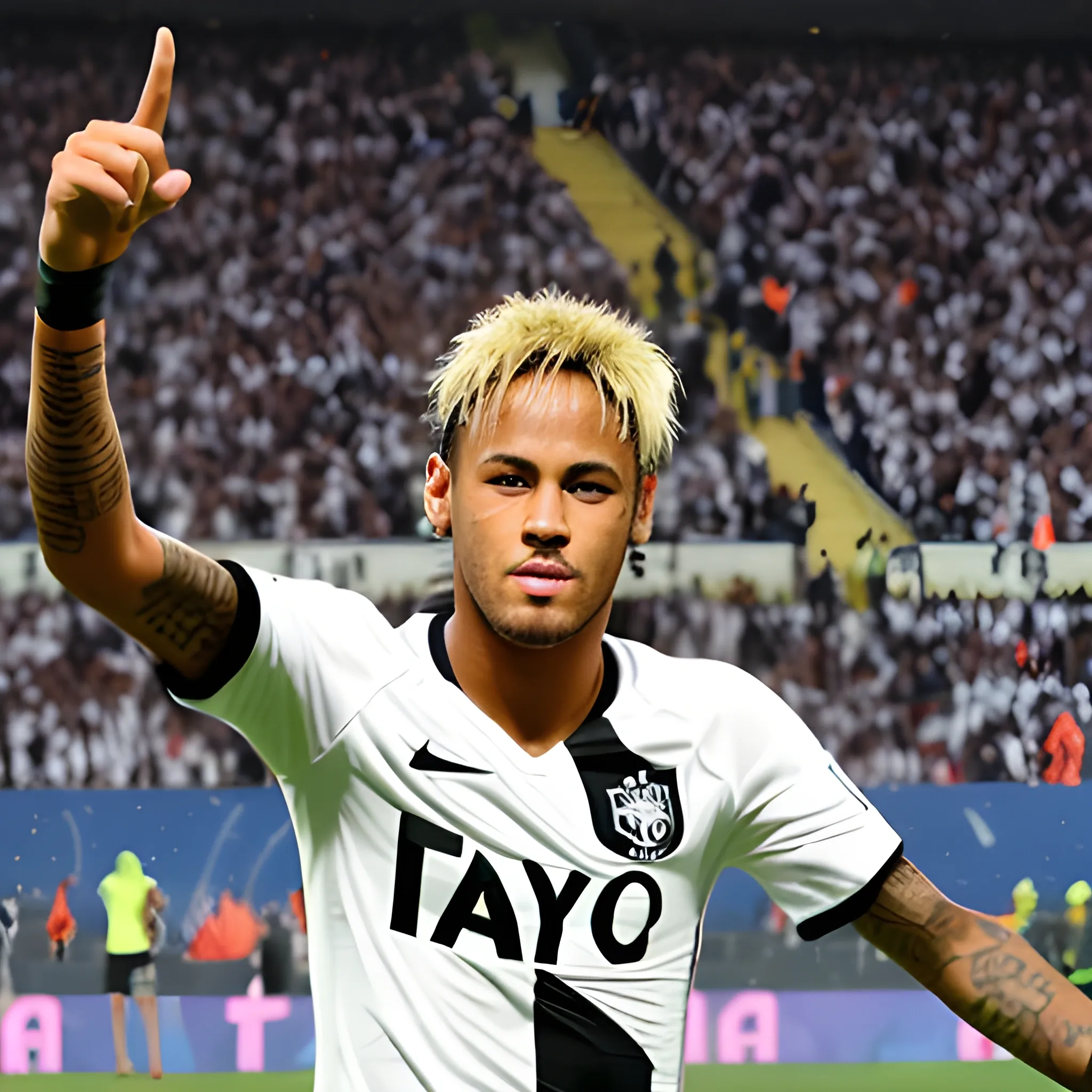 Neymar playing for Corinthians football club, and celebrating a goal with the fans