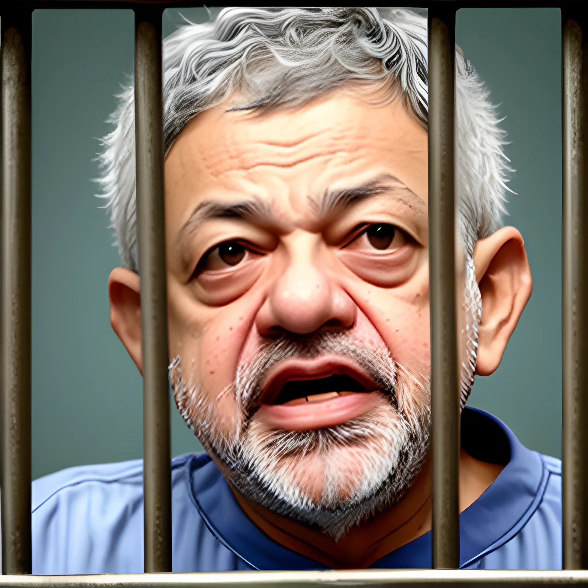 Lula behind bars, with a brave face holding the bars and shouting for democracy