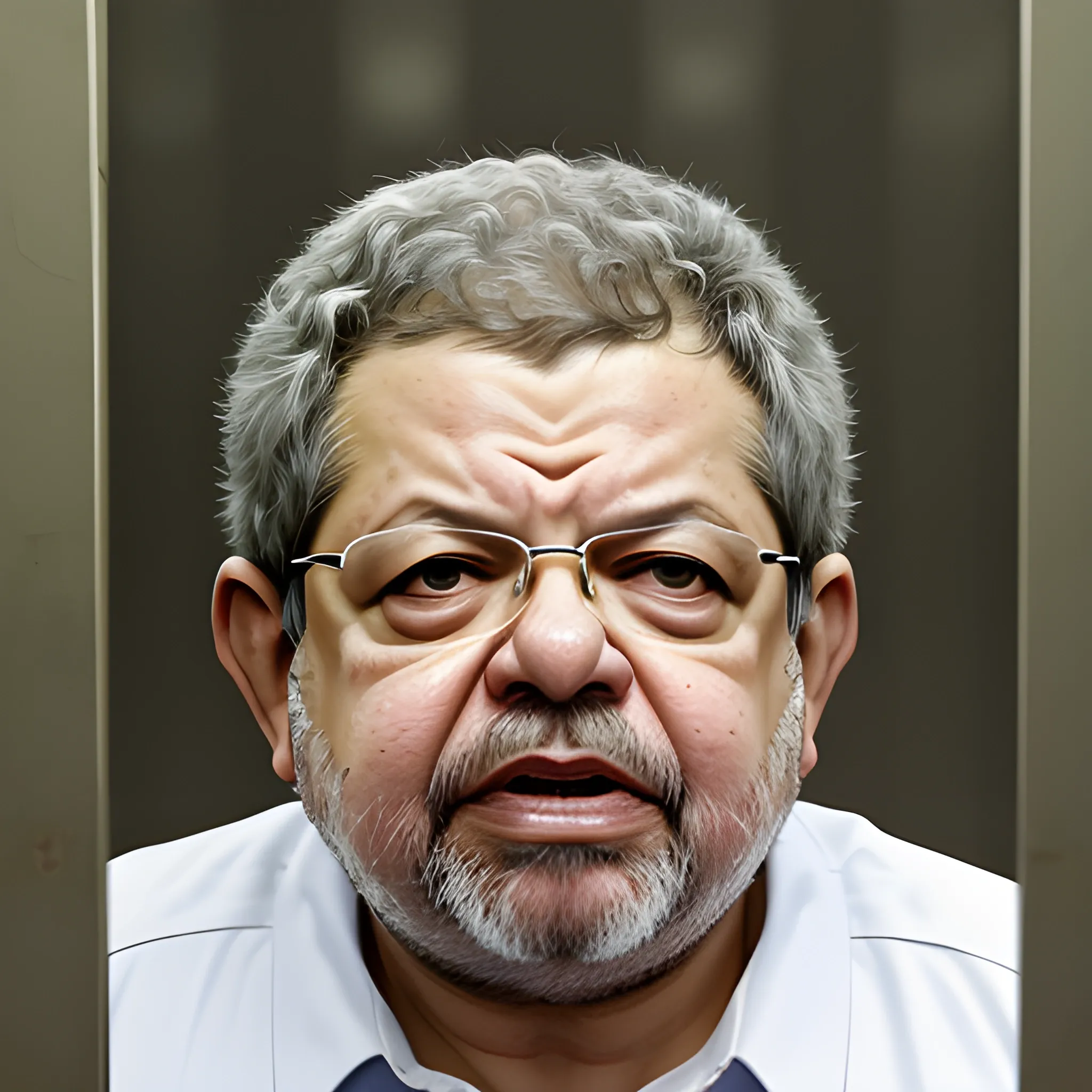 President of Brazil, Luis Inacio Lula da Silva, appearing in a prison cell, behind bars, looking angry and holding the bars, shouting for democracy