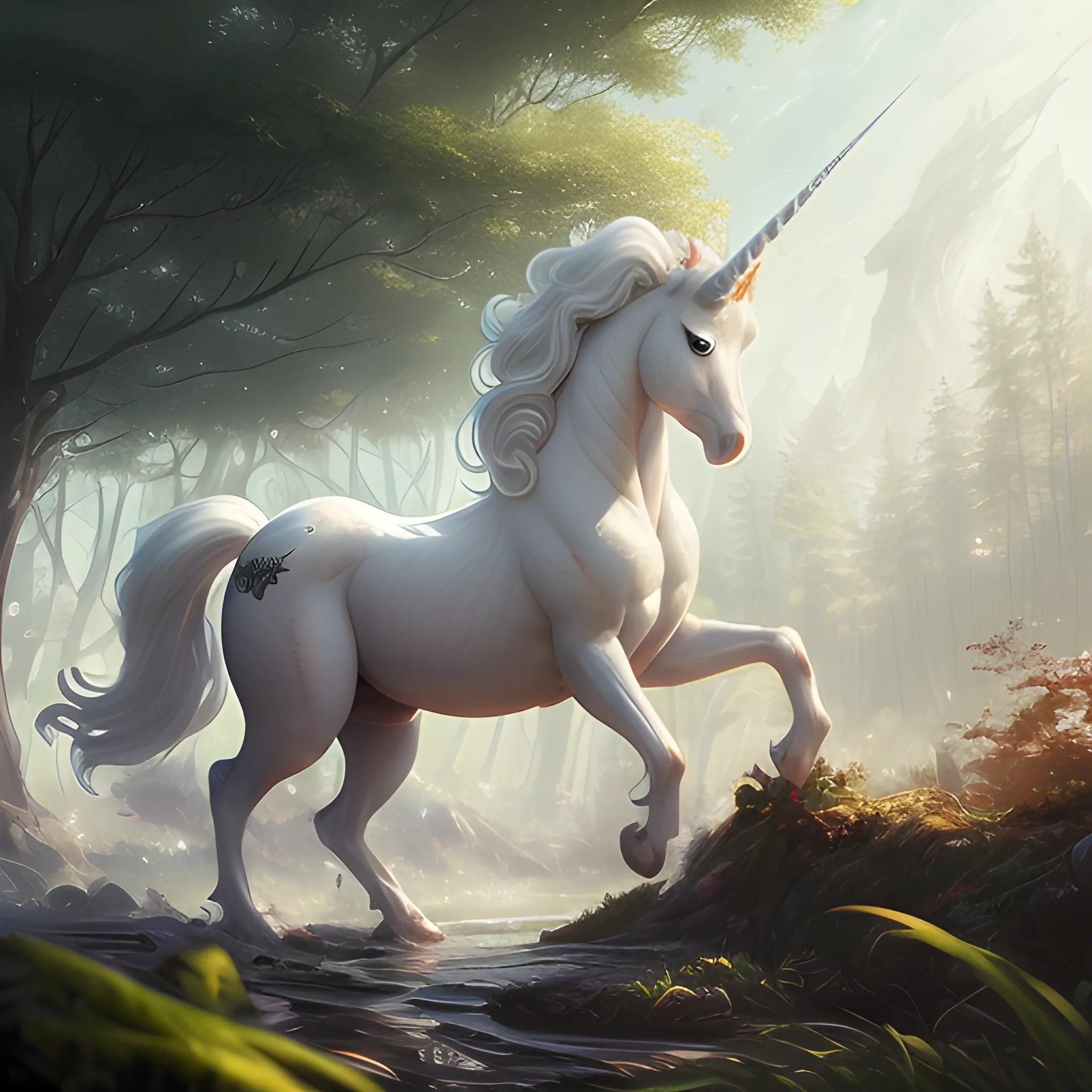 Beautiful white Unicorn rearing up on hind legs, unicorn with mane blowing in the wind, unicorn with one horn, long flowing mane, White mane, white Unicorn, beautiful green natural background, detailed nature background, forest background, realistic, DeviantArt, highly detailed, highly detailed, dof, fantasy, beautiful, dynamic, lighting, award winning, crisp quality, hyper realistic, hyper detailed, 4k resolution, highly detailed background, digital painting, trending on artstation, artstastion, highly detailed, digital painting, trending on artstation, pixiv, concept art, sharp focus, illustration, art by Ross Tran and Greg Rutkowski and Walt Disney animation,