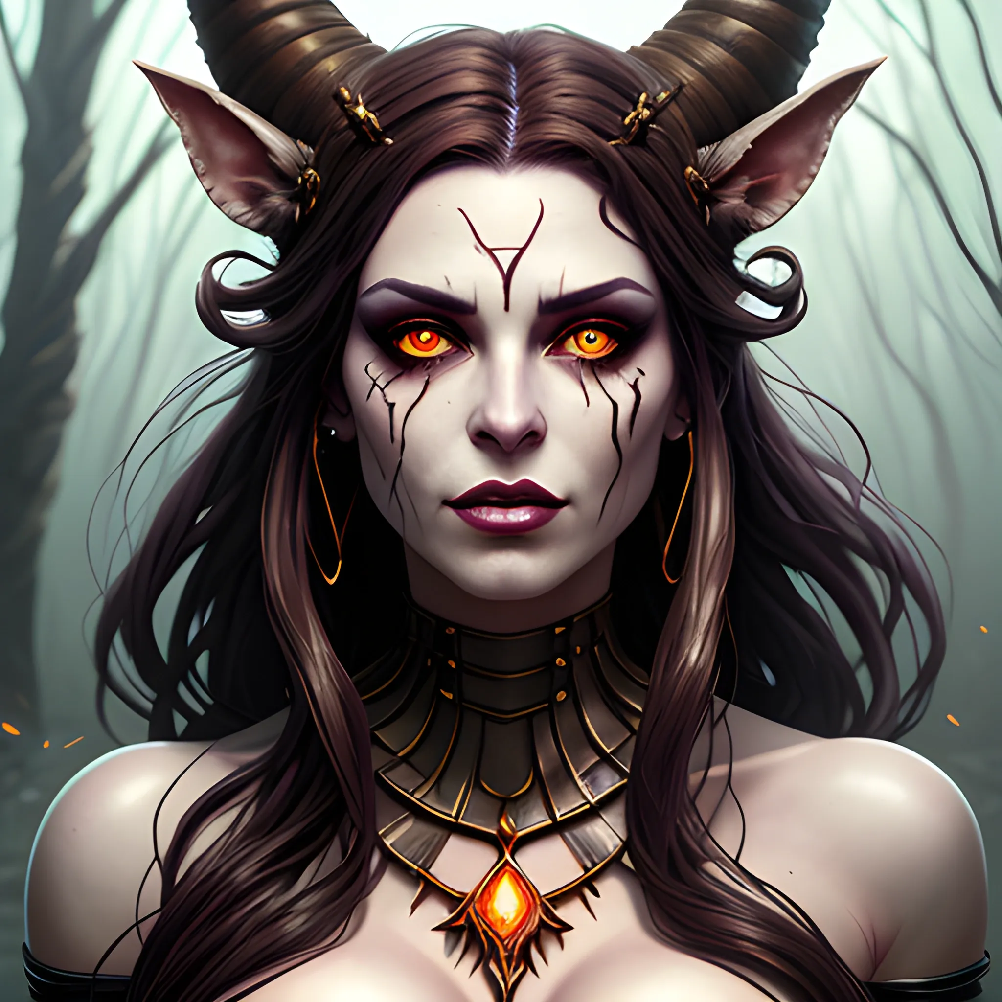 Haunted undead sater woman, faun, a haunted undead faun woman with long wind blown hair, standing in a haunted forest with dead trees, undead elf, pale undead skin, glowing red eyes, one girl, solo, long hair, golden hair, navel, cleavage, jewelry, standing, earrings, horns, pointy ears, midriff, signature, necklace, tree, dark nature, dark twisted forest, full body view, close, realistic, DeviantArt, highly detailed, highly detailed, dof, fantasy, beautiful, dynamic, lighting, award winning, crisp quality, hyper realistic, hyper detailed, 4k resolution, highly detailed background, digital painting, trending on artstation, artstastion, highly detailed, digital painting, trending on artstation, pixiv, concept art, sharp focus, illustration, art by Ross Tran and Greg Rutkowski and Walt Disney animation,