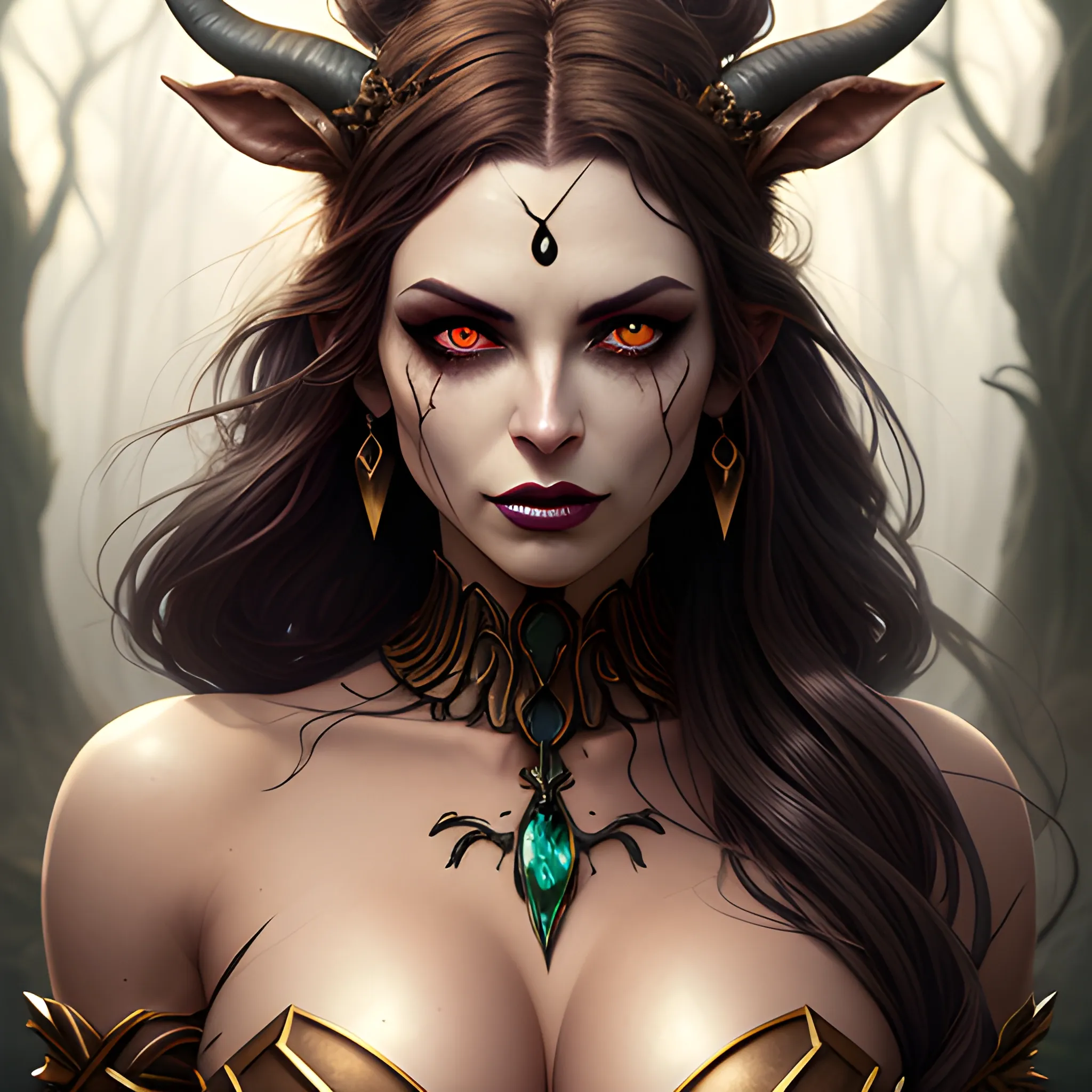 Haunted undead sater woman, faun, a haunted undead faun woman with long wind blown hair, standing in a haunted forest with dead trees, undead elf, pale undead skin, glowing red eyes, one girl, solo, long hair, golden hair, navel, cleavage, jewelry, standing, earrings, horns, pointy ears, midriff, signature, necklace, tree, dark nature, dark twisted forest, full body view, close, realistic, DeviantArt, highly detailed, highly detailed, dof, fantasy, beautiful, dynamic, lighting, award winning, crisp quality, hyper realistic, hyper detailed, 4k resolution, highly detailed background, digital painting, trending on artstation, artstastion, highly detailed, digital painting, trending on artstation, pixiv, concept art, sharp focus, illustration, art by Ross Tran and Greg Rutkowski and Walt Disney animation