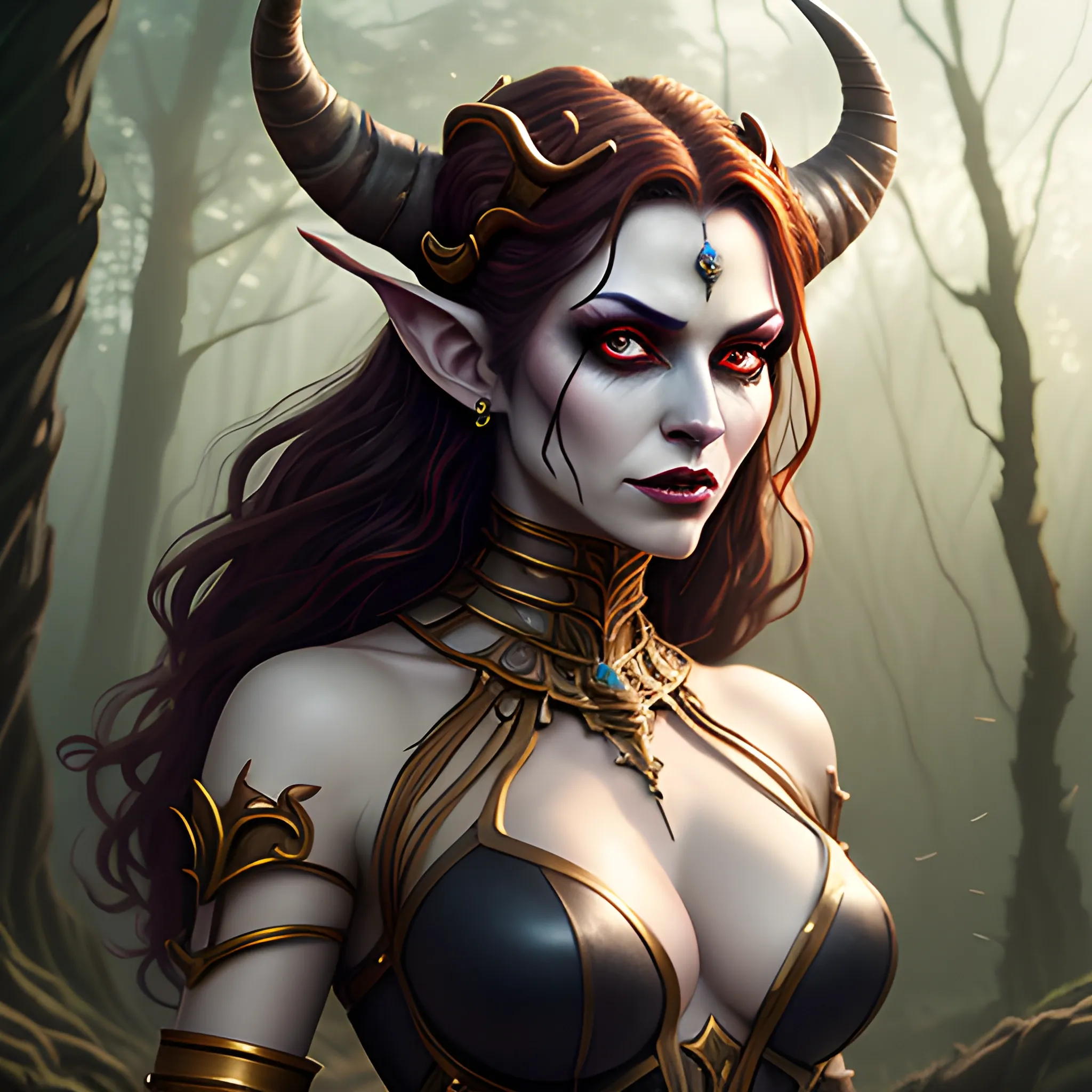 Haunted undead sater woman, faun, a haunted undead faun woman with long wind blown hair, standing in a haunted forest with dead trees, dead and decayed forest background, undead elf, pale undead skin, glowing red eyes, one girl, solo, long hair, golden hair, navel, cleavage, jewelry, standing, earrings, horns, pointy ears, midriff, signature, necklace, tree, dark nature, dark twisted forest, full body view, close, realistic, DeviantArt, highly detailed, highly detailed, dof, fantasy, beautiful, dynamic, lighting, award winning, crisp quality, hyper realistic, hyper detailed, 4k resolution, highly detailed background, digital painting, trending on artstation, artstastion, highly detailed, digital painting, trending on artstation, pixiv, concept art, sharp focus, illustration, art by Ross Tran and Greg Rutkowski and Walt Disney animation,