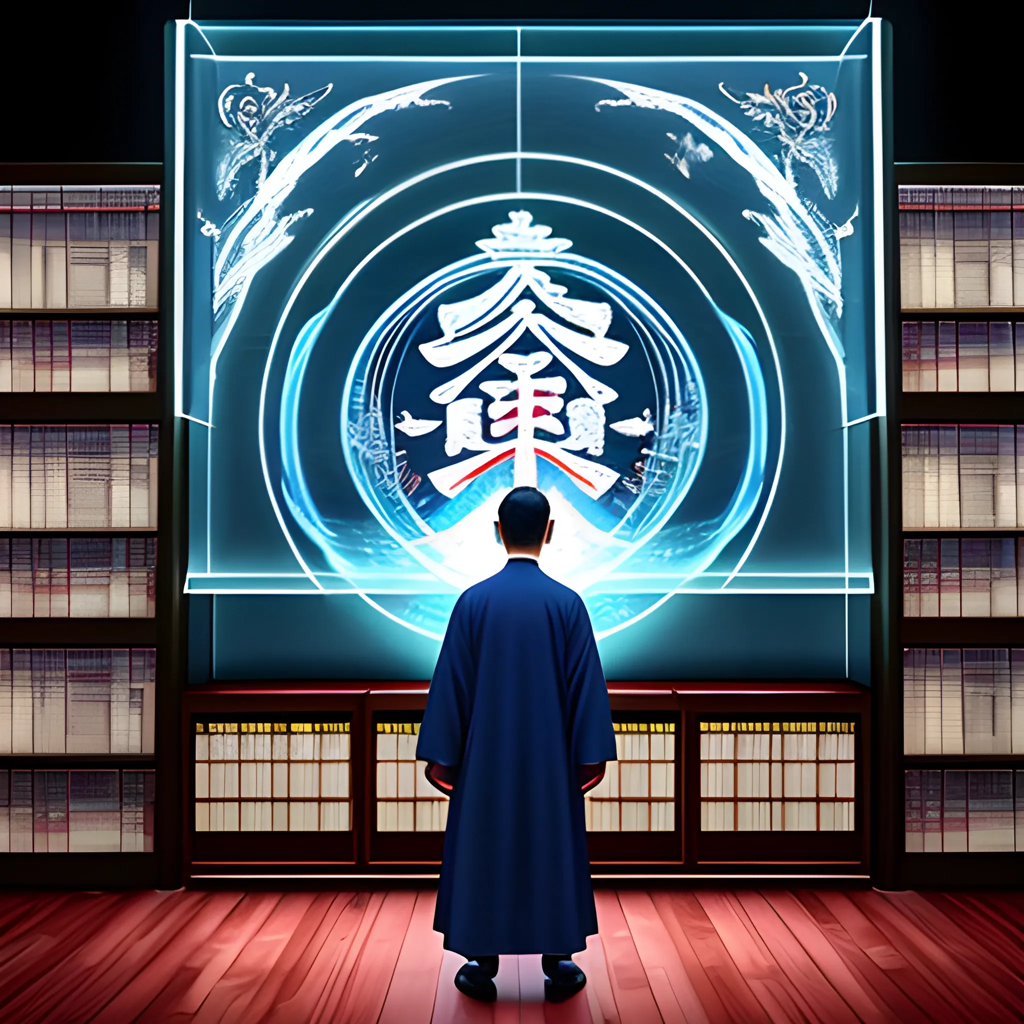 Chinese Taoist priest standing writing calligraphy with huge virtual image of god behind him, standing in the air holographic projection library, bookshelf, cyberpunk, front view, panorama, holographic projection, 3Drealism, painting details, high resolution, high detail, Unreal Engine,