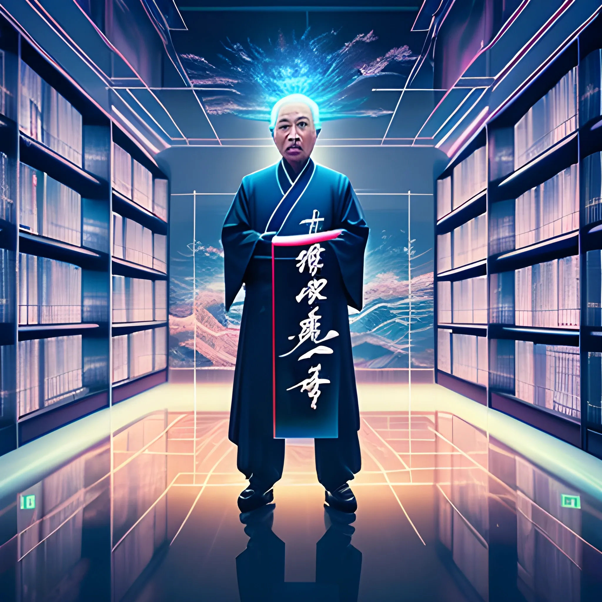 Chinese Taoist priest standing writing calligraphy with huge virtual image of god behind him, standing in the air holographic projection library, bookshelf, cyberpunk, front view, panorama, holographic projection, 3Drealism, painting details, high resolution, high detail, Unreal Engine,