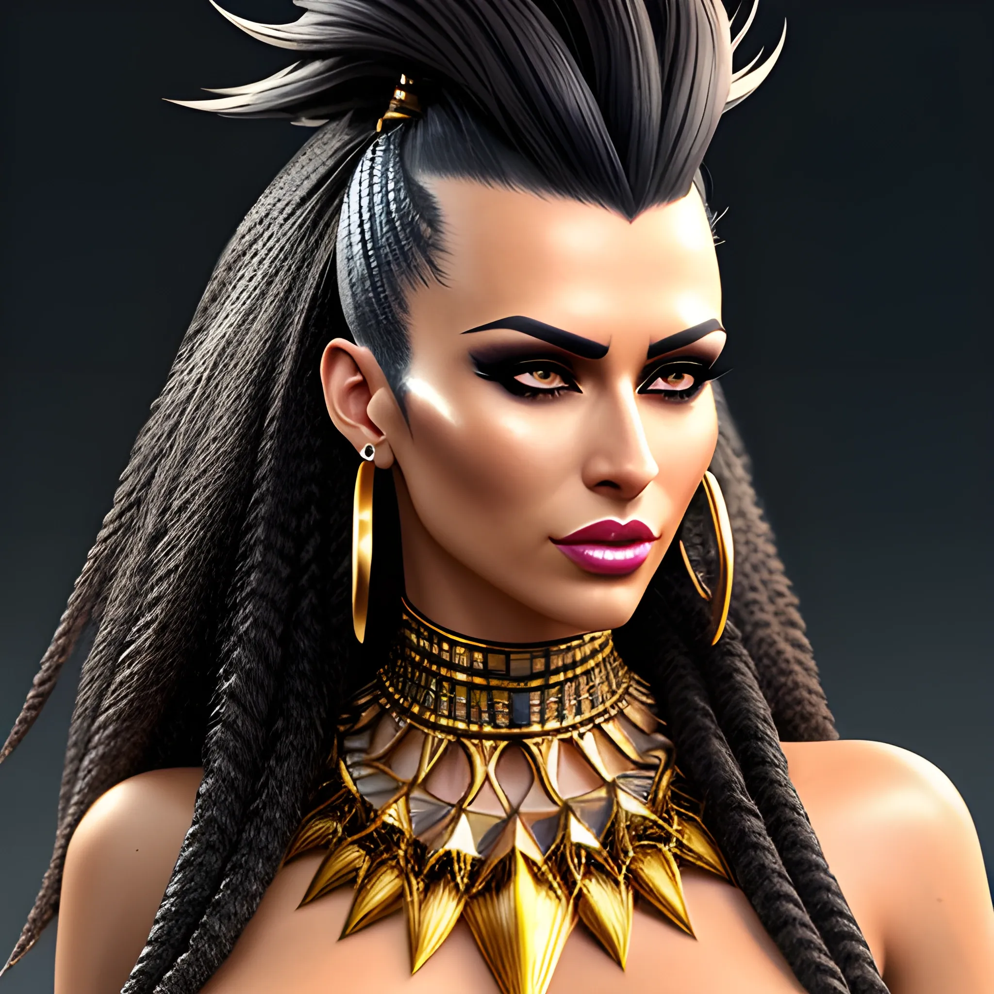 Mohawk hairstyle, dark Mohawk, dark skin, Egyptian, chain from ear to nose, face piercings, lip ring, golden choker, golden rings around neck, big golden hood earrings, nose piercing, stud in left nose nostril, hyper detail, best quality, ultra detailed, beautiful detailed eyes, beautiful detailed face, beautiful detailed hair, full body view, perfect anatomy, five fingers, shiny hair, one girl, tall, slender, big beautiful eyes, high leg, cascading hair, long hair, long hair, tall, narrow waist, long leg, hyper detailed background, realistic, DeviantArt, highly detailed, highly detailed, dof, fantasy, beautiful, dynamic, lighting, award winning, crisp quality, hyper realistic, hyper detailed, 4k resolution, highly detailed background, digital painting, trending on artstation, artstastion, highly detailed,