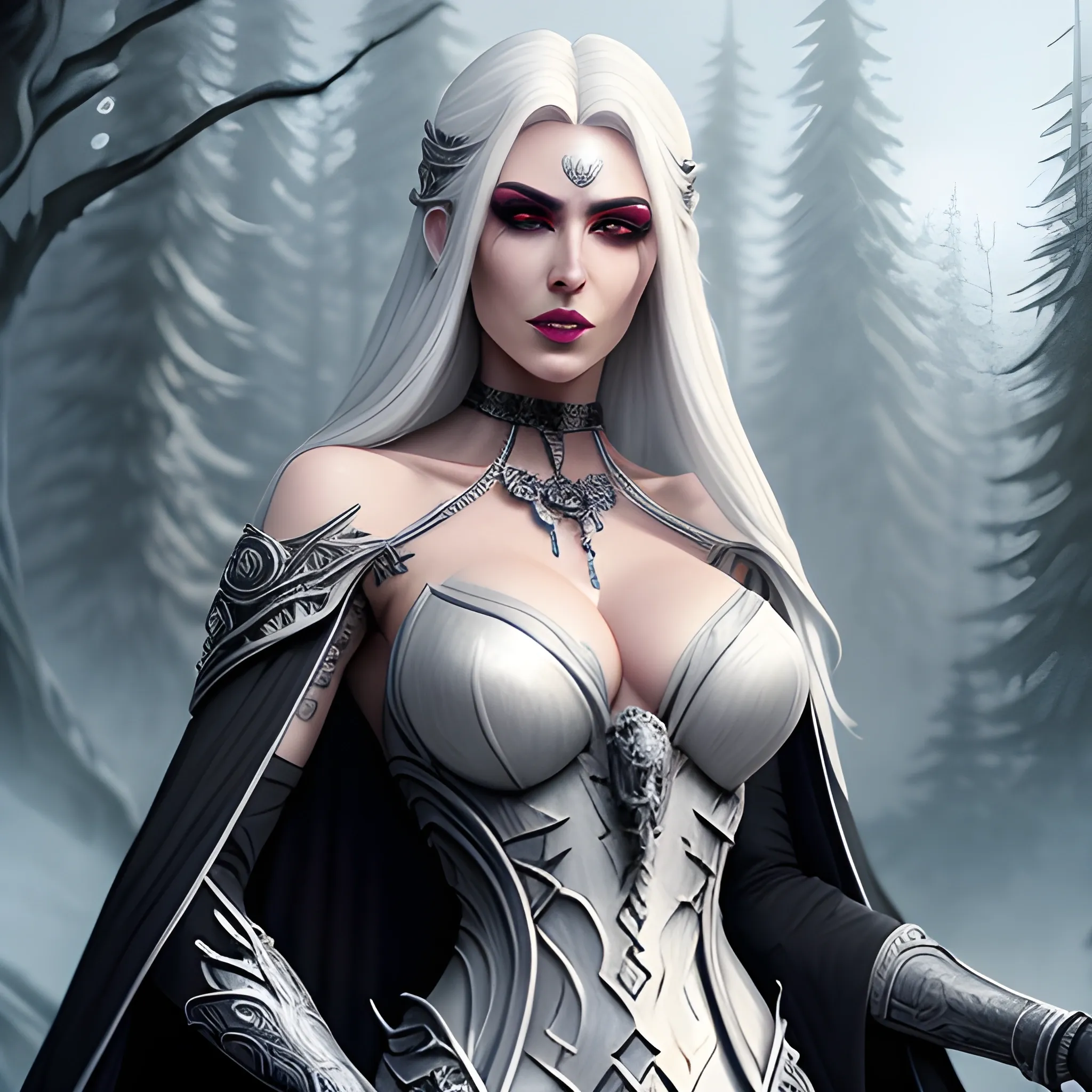 White haired witch, Cultist robes, draped robes, Evil cultist, wearing bone necklace, bone choker, bone earrings, blood tattoos, woodland temple background, fallen temple background, hyper detail, best quality, ultra detailed, beautiful detailed eyes, beautiful detailed face, beautiful detailed hair, perfect anatomy, five fingers, shiny hair, one girl, tall, slender, big beautiful eyes, high leg, cascading hair, long hair, long hair, tall, narrow waist, long leg, hyper detailed background, realistic, DeviantArt, highly detailed, highly detailed, dof, fantasy, beautiful, dynamic, lighting, award winning, crisp quality, hyper realistic, hyper detailed, 4k resolution, highly detailed background, digital painting, trending on artstation, artstastion, highly detailed