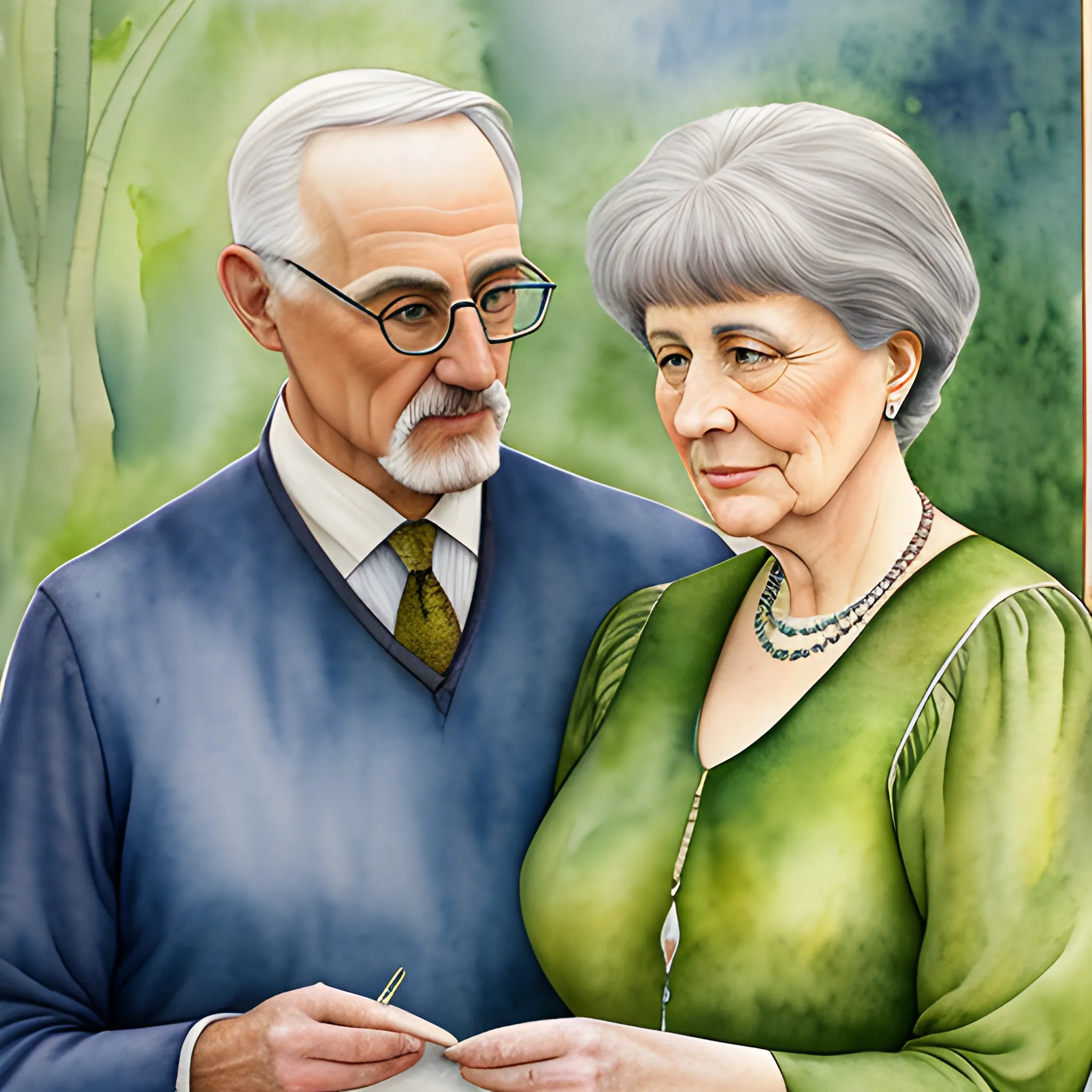 A detailed, photorealistic watercolor portrait of a couple in their sixties with their adult offspring in the style of Louis Comfort Tiffany's work titled "Education"