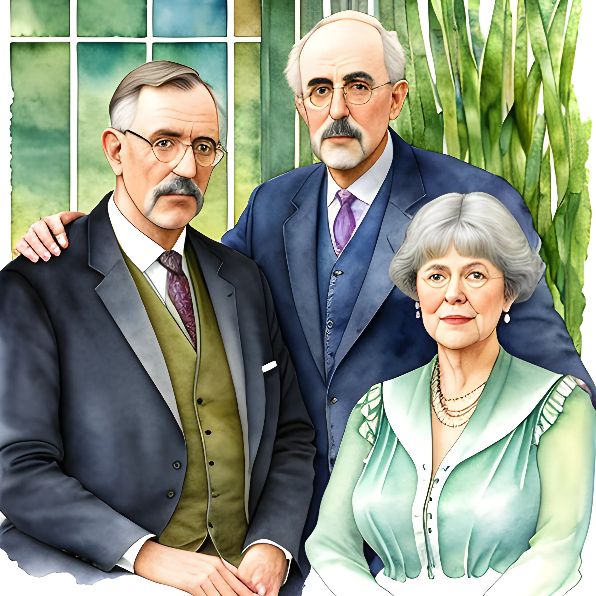 A detailed, photorealistic watercolor portrait of a couple in their sixties with their eleven adult offspring in the style of Louis Comfort Tiffany's work titled "Education"