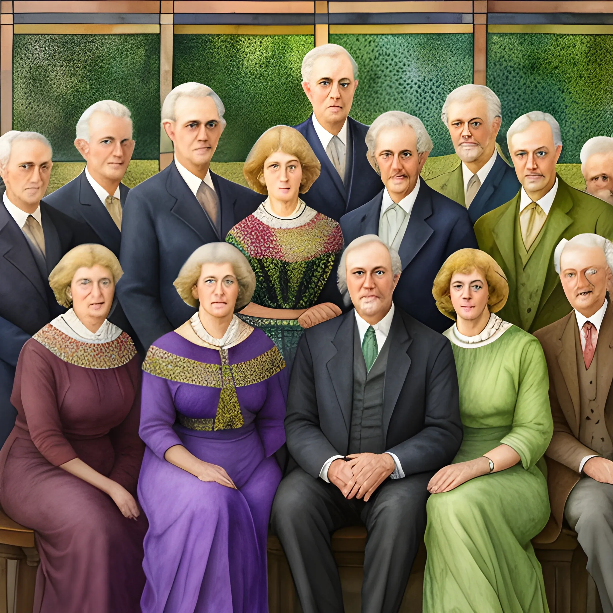 A detailed, photorealistic watercolor portrait of a couple in their sixties with their eleven adult sons and daughters in the style of Louis Comfort Tiffany's work titled "Education"