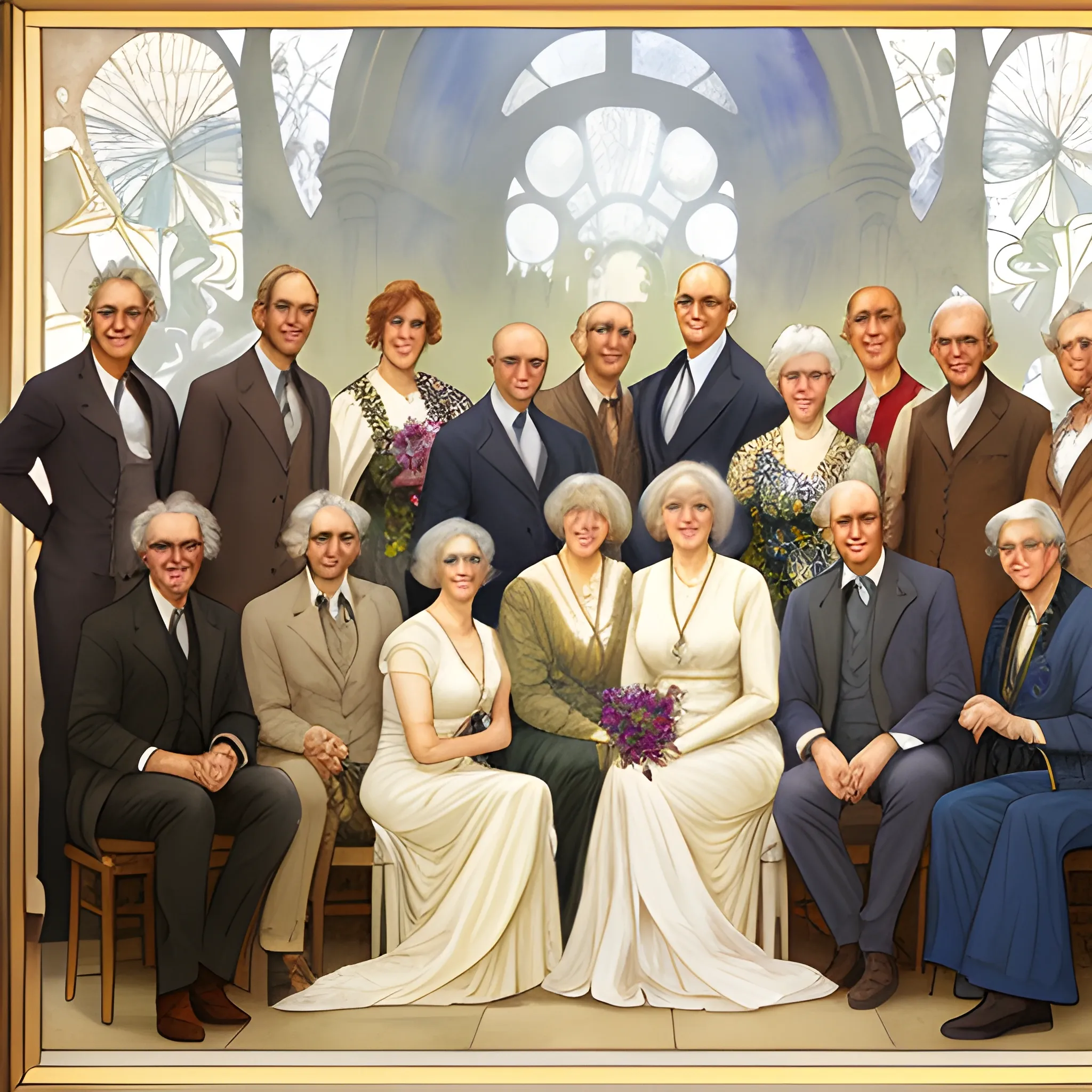 A detailed, photorealistic watercolor portrait of a couple in their sixties with their eleven adult sons and daughters in the style of Alphonse Mucha's painting titled "Lorenccino".
