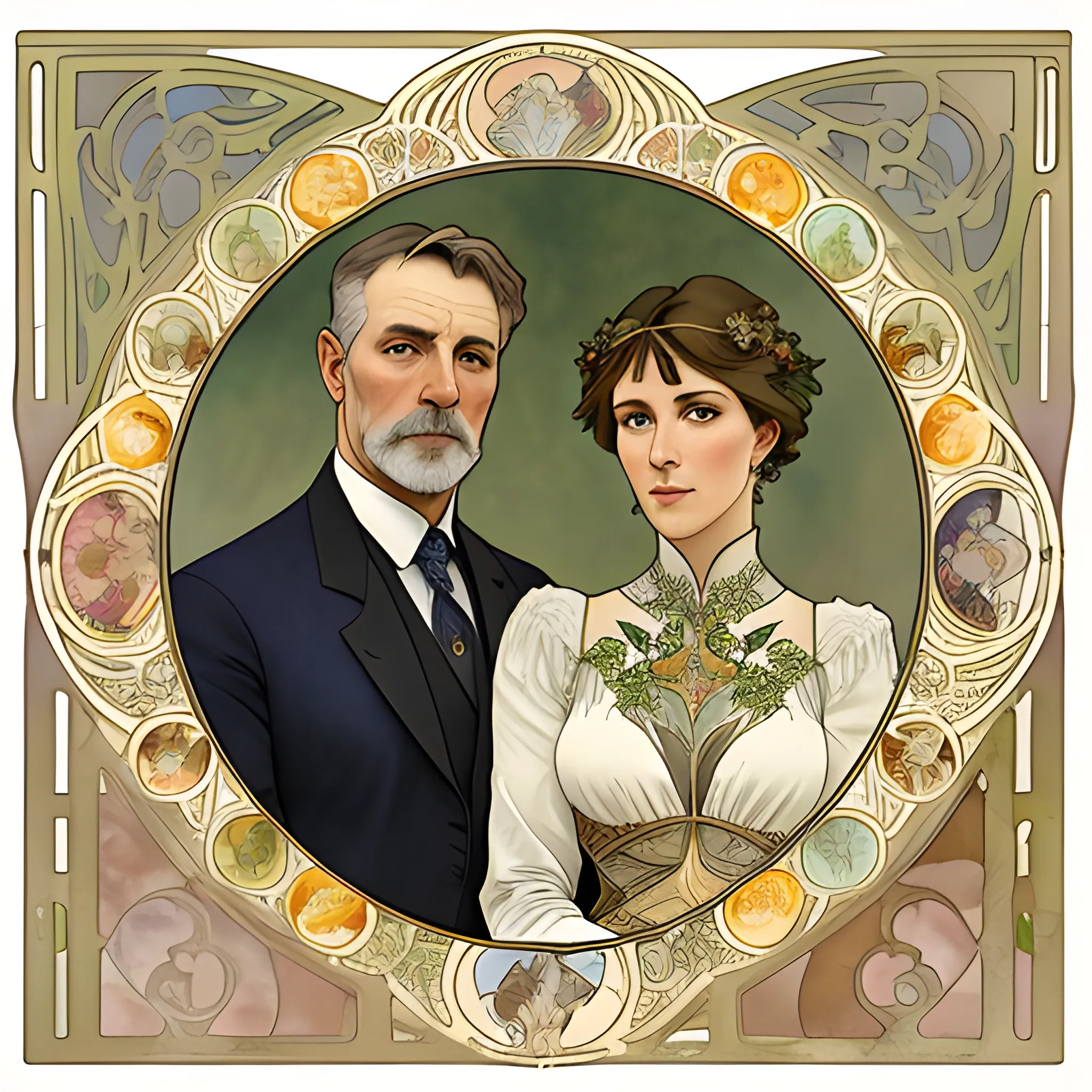 A detailed, photorealistic watercolor portrait of a couple in their sixties with their eleven adult sons and daughters in the style of Alphonse Mucha's painting titled "Lorenccino" with an elaborate art nouveau foreground and background
