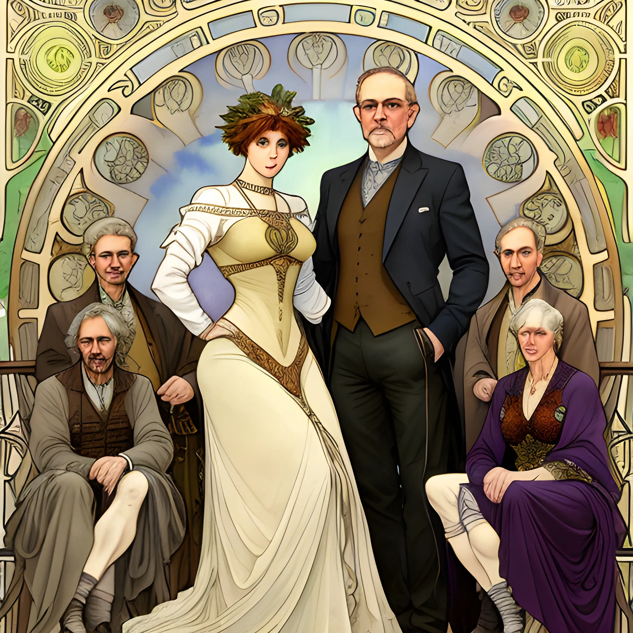 A detailed, photorealistic watercolor portrait of a couple in their sixties with their eleven adult sons and daughters in the style of Alphonse Mucha's painting titled "Lorenccino" with an elaborate art nouveau foreground and background
