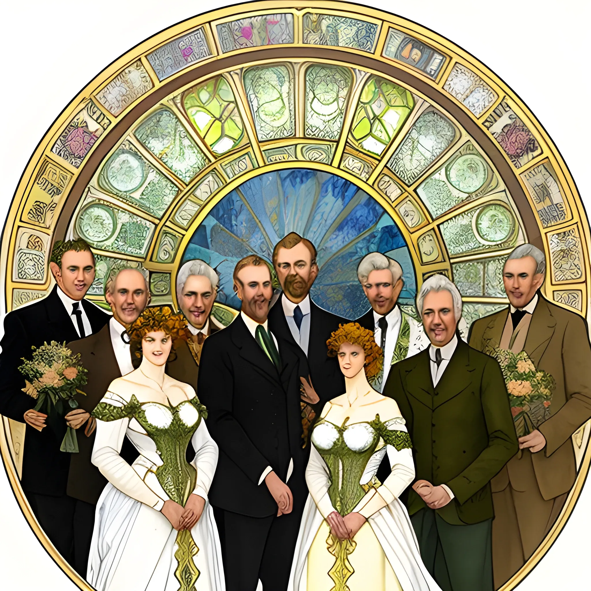 A detailed, photorealistic watercolor portrait of a couple in their sixties with their eleven adult sons and daughters in the style of Alphonse Mucha's painting titled "Lorenccino" with an elaborate art nouveau foreground and background
