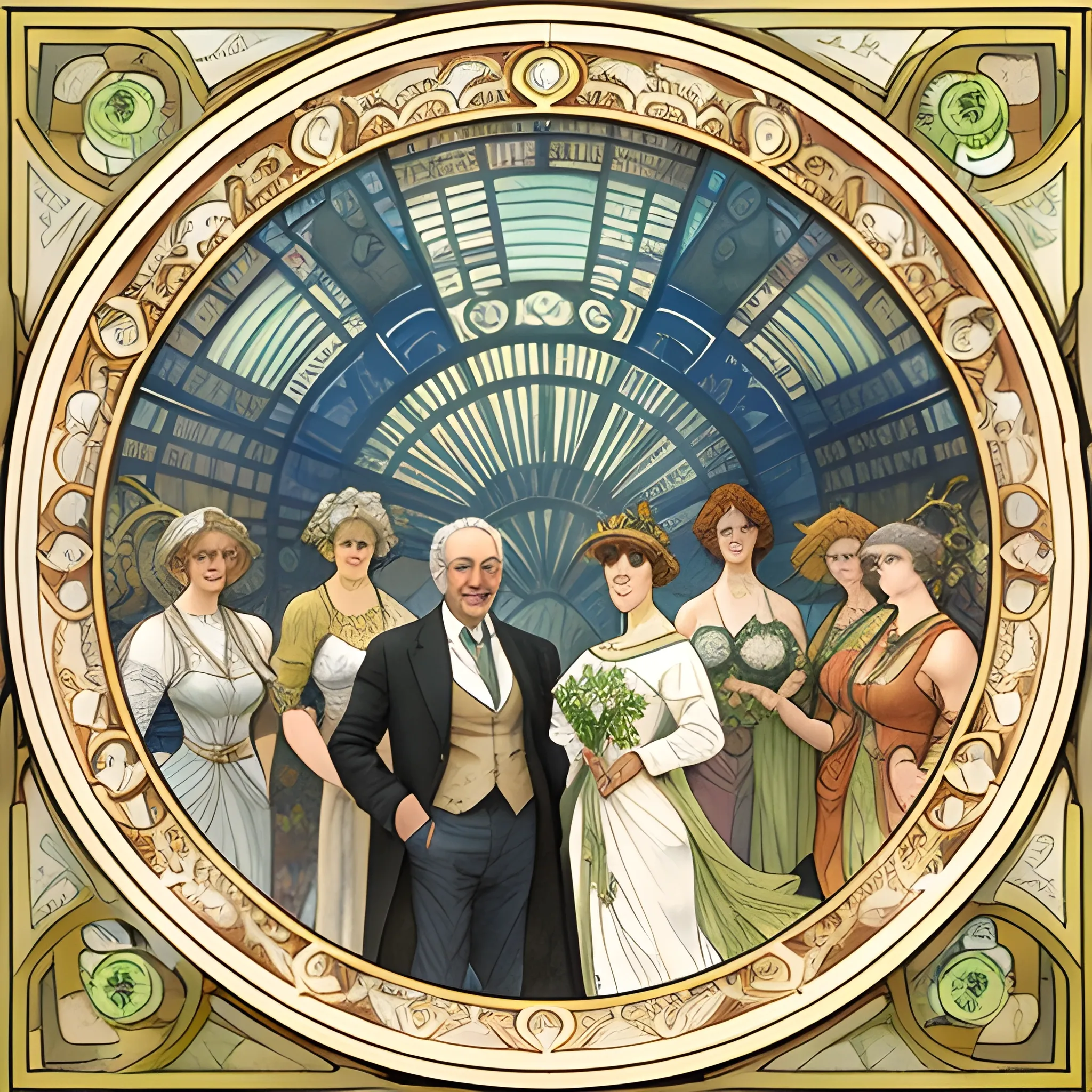 A detailed, photorealistic watercolor portrait of a couple in their sixties with their nine adult daughters in the style of Alphonse Mucha's painting titled "Lorenccino" with an elaborate art nouveau foreground and background
