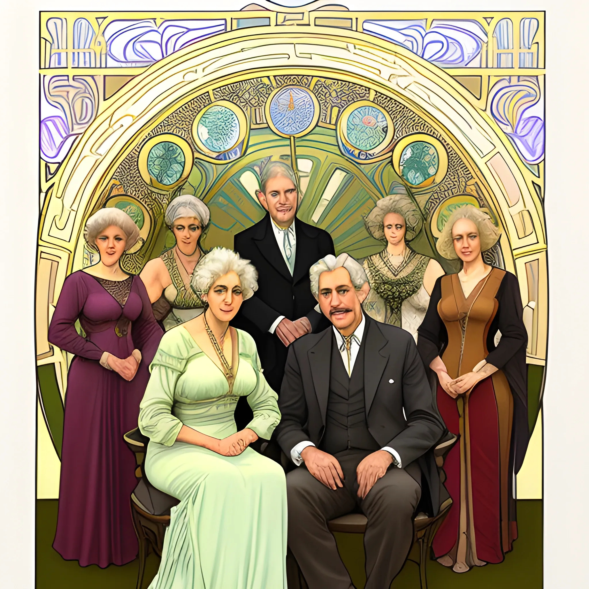 A detailed, photorealistic color pencil sketch of a couple in their sixties with their nine adult daughters in the style of Alphonse Mucha's painting titled "Lorenccino" with an elaborate art nouveau foreground and background
