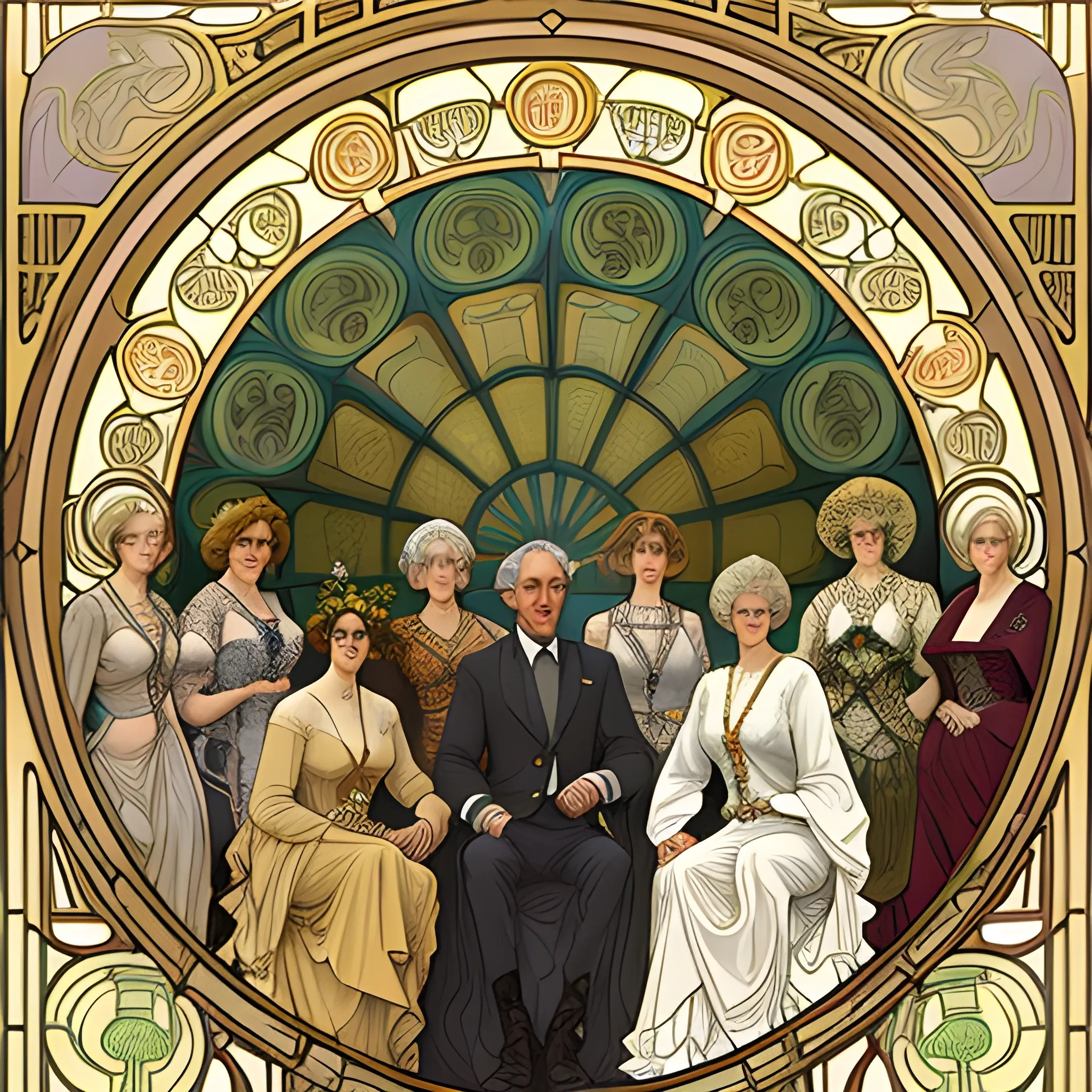 A detailed, photorealistic portrait of a couple in their sixties with their nine adult daughters in the style of Alphonse Mucha's painting titled "Lorenccino" with an elaborate art nouveau foreground and background
