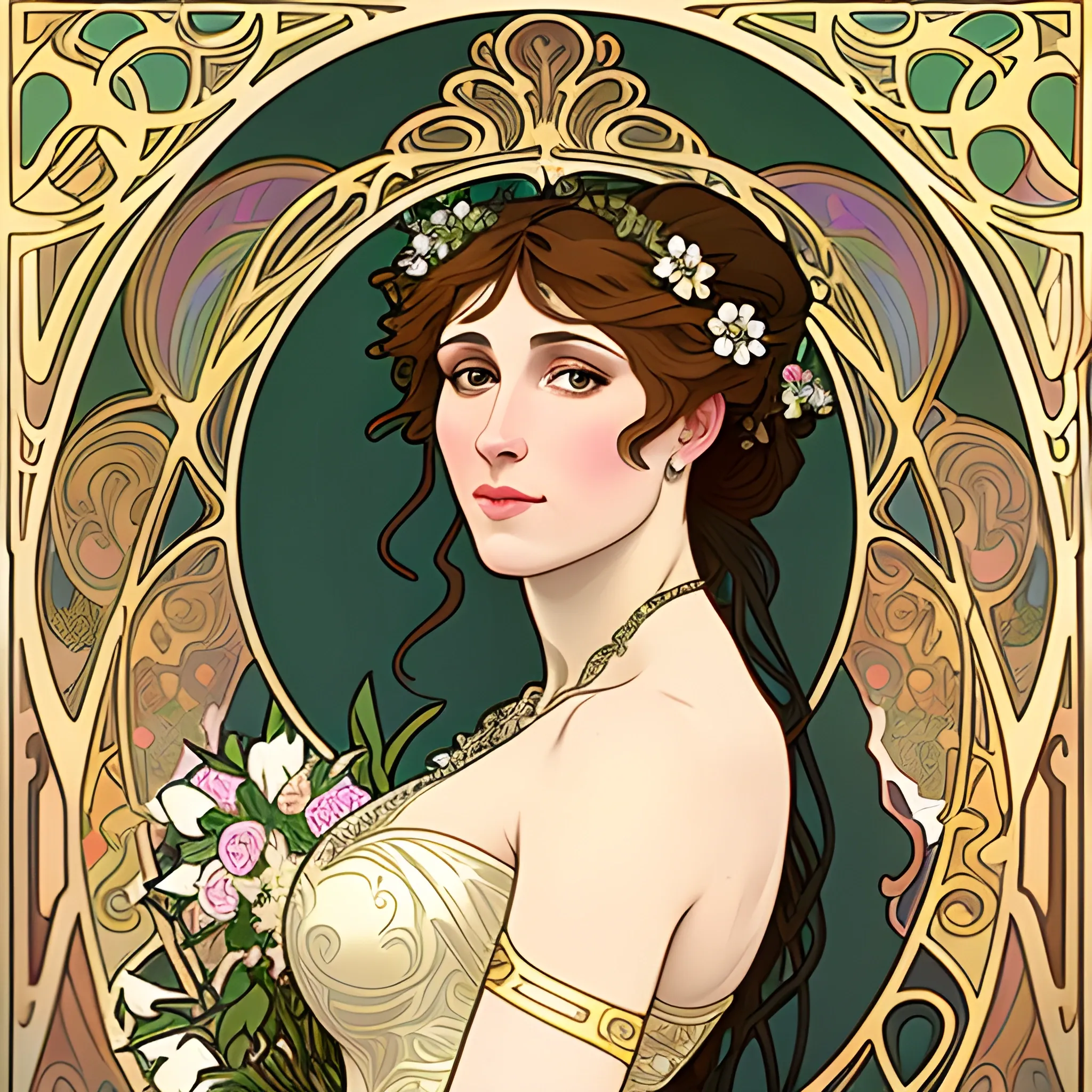 A detailed, photorealistic portrait of a young woman getting married in the style of Alphonse Mucha's painting titled "Lorenccino" with an elaborate art nouveau foreground and background
