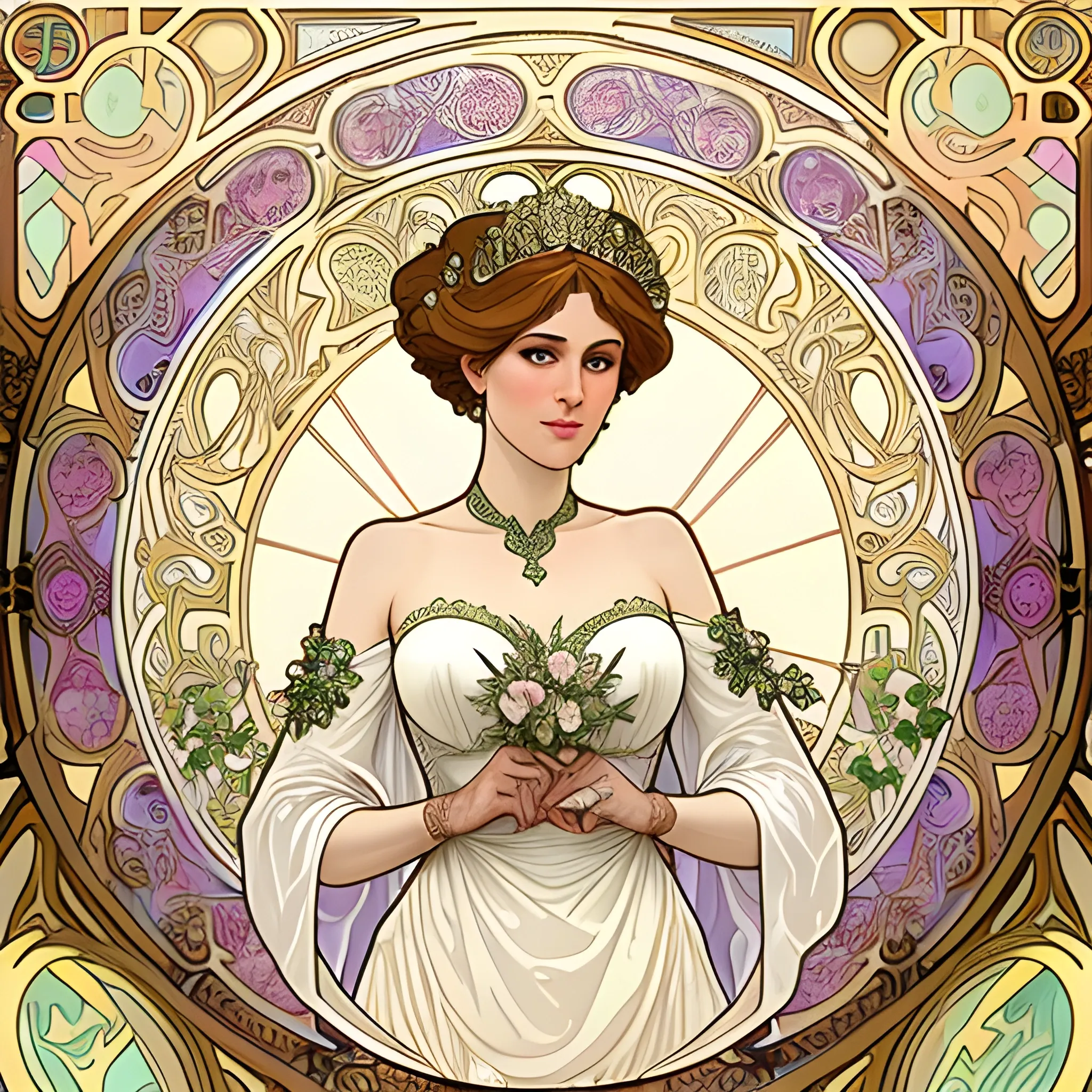 A detailed, photorealistic portrait of a young woman getting married in the style of Alphonse Mucha's painting titled "Lorenccino" with an elaborate art nouveau foreground and background
