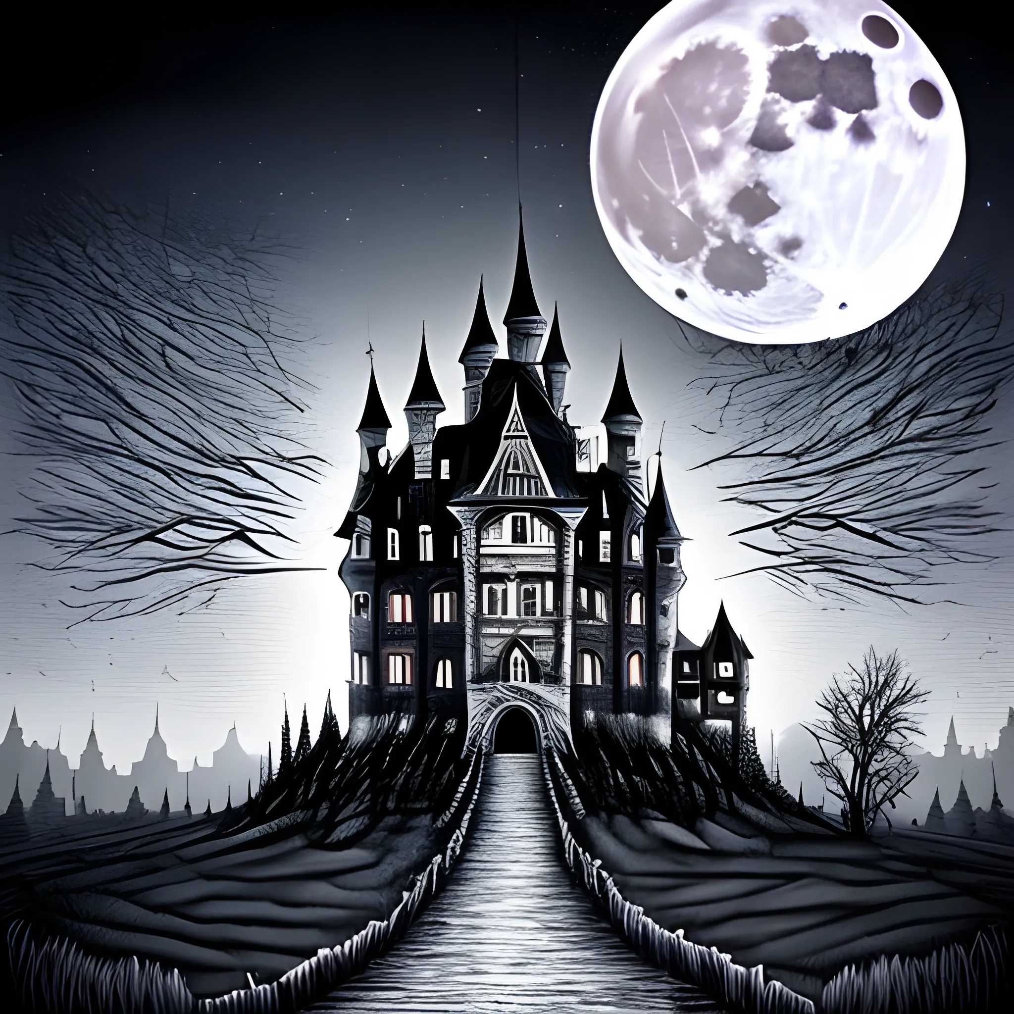 Detailed Full moon background, haunted castle with dead trees outlined in front. Beautifully detailed