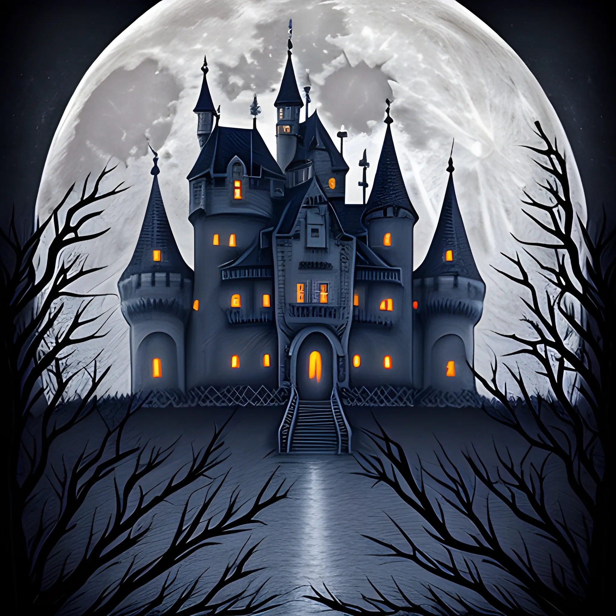 Detailed foggy Full moon background, haunted castle with dead trees outlined in front. Beautifully detailed