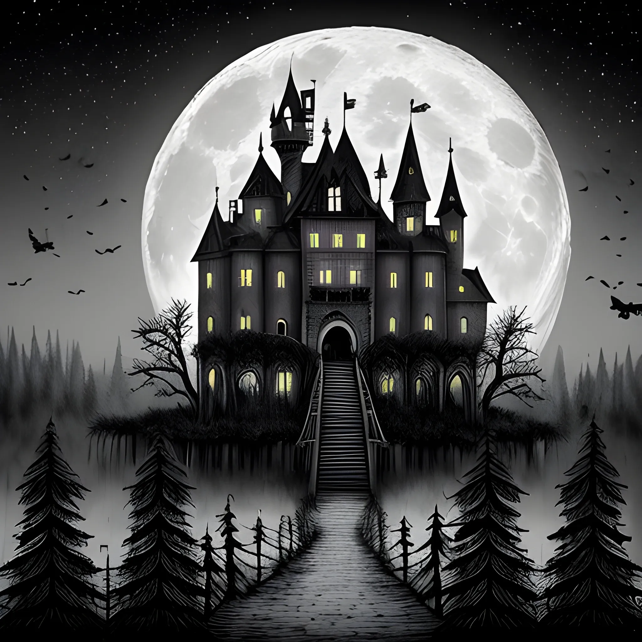 Detailed foggy Full moon background, haunted castle with dead trees outlined in front. Beautifully detailed,