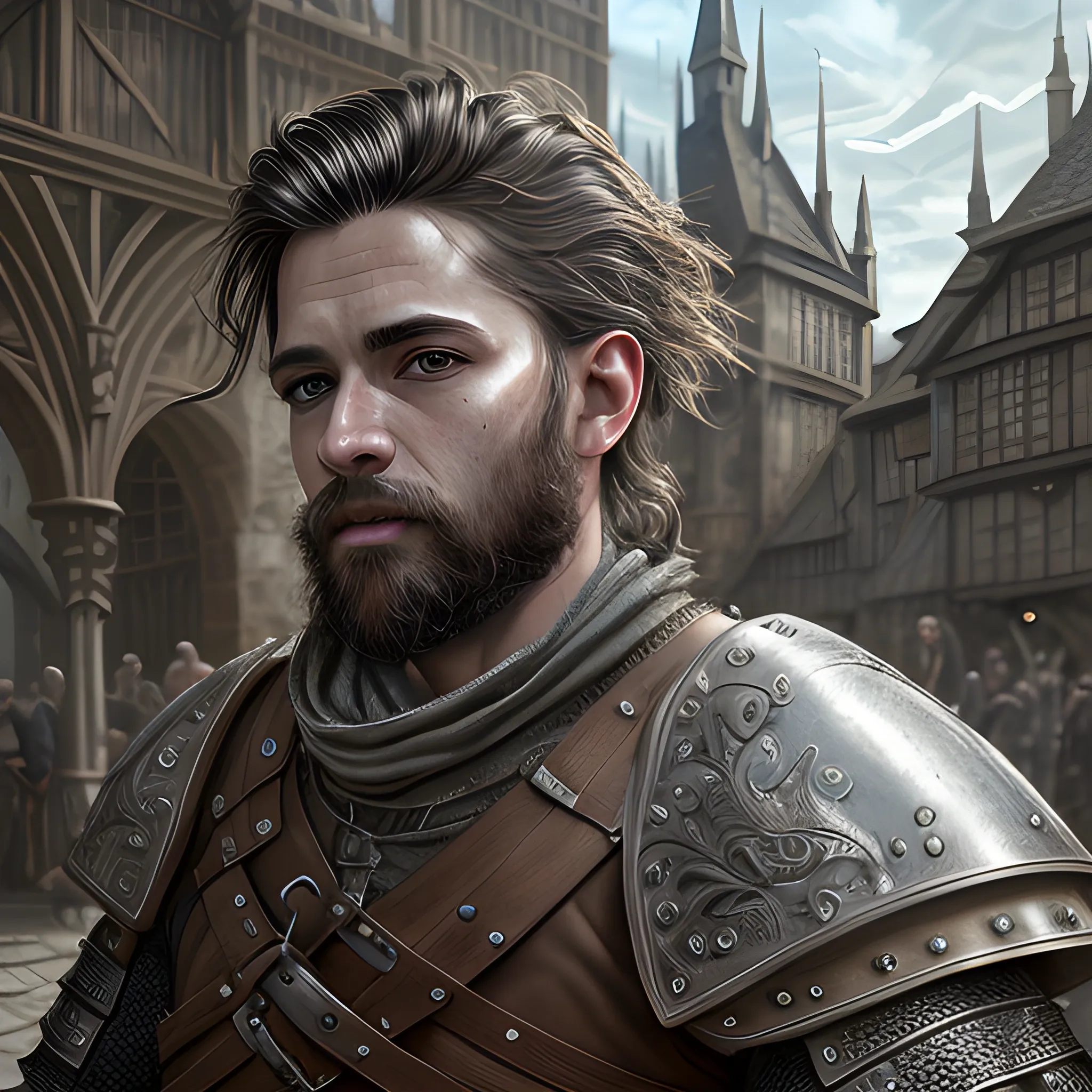 Male, rugged, medieval outfit, hyper detailed background, realistic, DeviantArt, highly detailed, highly detailed, dof, fantasy, beautiful, dynamic, lighting, award winning, crisp quality, hyper realistic, hyper detailed, 4k resolution, highly detailed background, digital painting, trending on artstation, artstastion, highly detailed