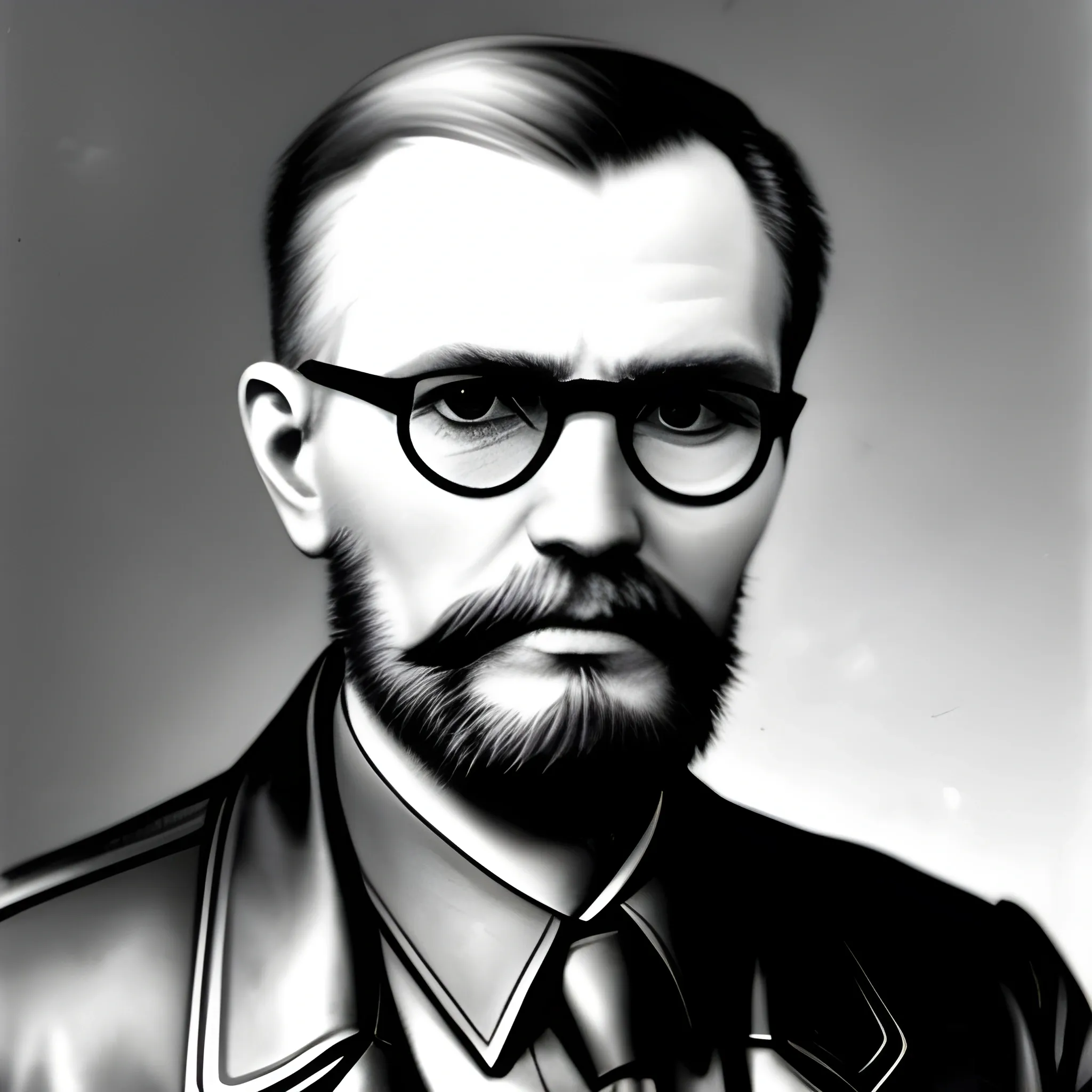 Levon Trotski soviet leader, revolutionary figher, political figure, photography front face closeup, historical, with round glasses and black leather jacket without tie, rounded face, 
intellectual resemblance, no wrinkles on the forehead, and without a beard