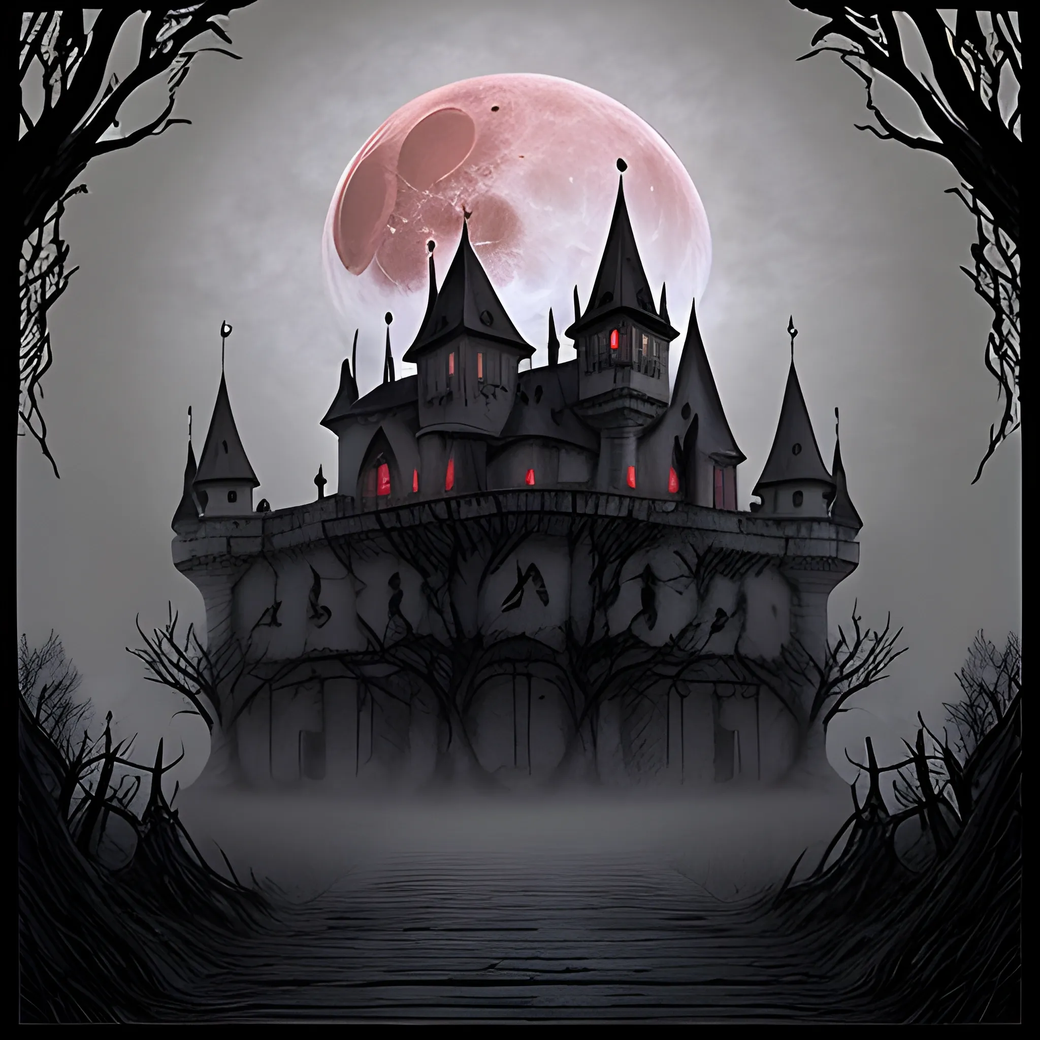 Detailed foggy blood moon background, haunted castle with dead t ...