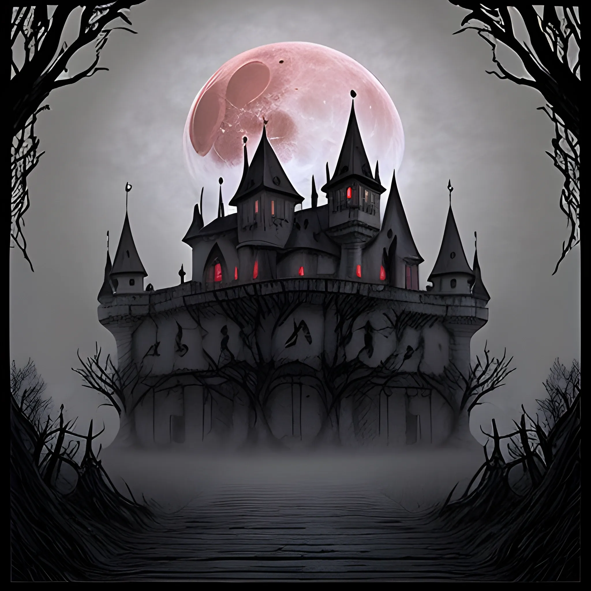 Detailed foggy blood moon background, haunted castle with dead trees outlined in front. Beautifully detailed,