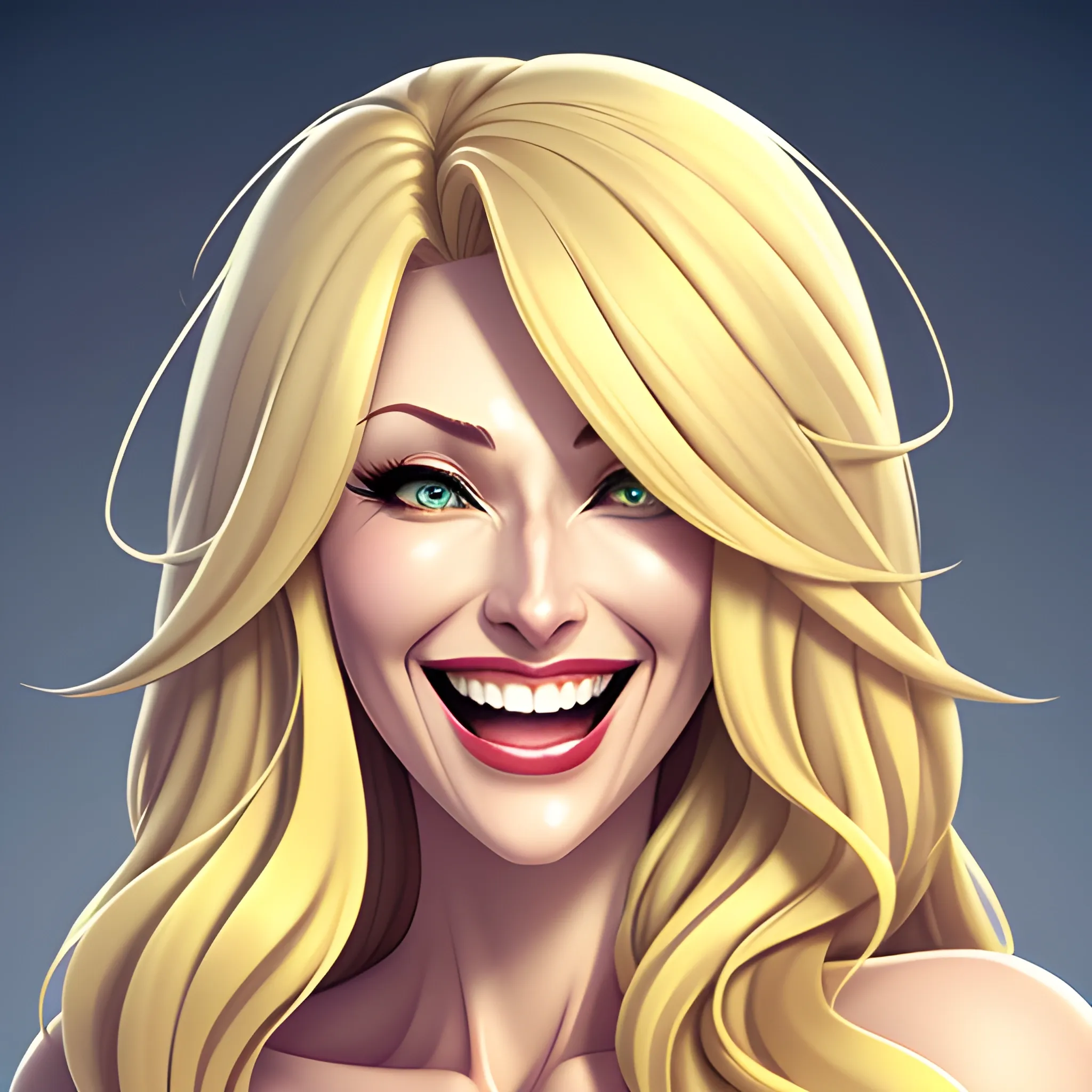 Character design, beautiful laughing girl, long blonde hair, big brown eyes, artwork, fantasy, happiness,