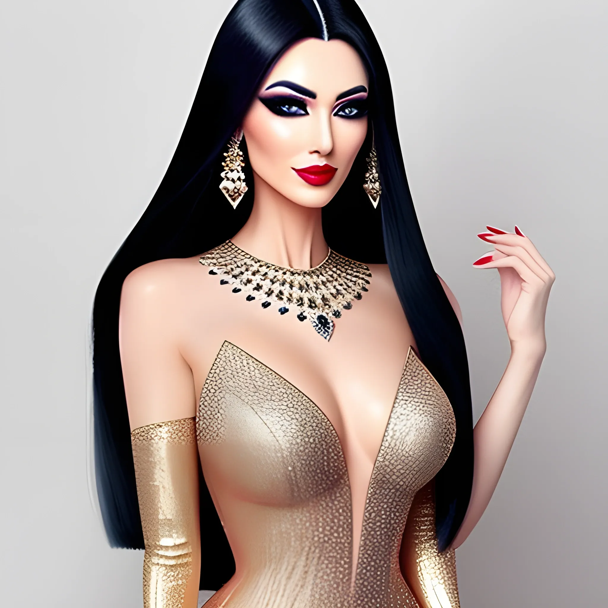 Beautiful girl in dynamic pose, fashion, straight hair with side comb, luxurious makeup, luxurious, luxurious diamonds,