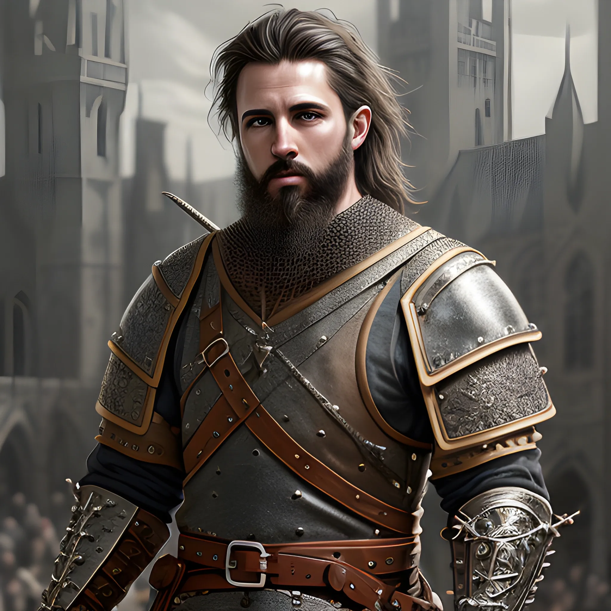 Male, rugged, medieval outfit, hyper detailed background, realis ...