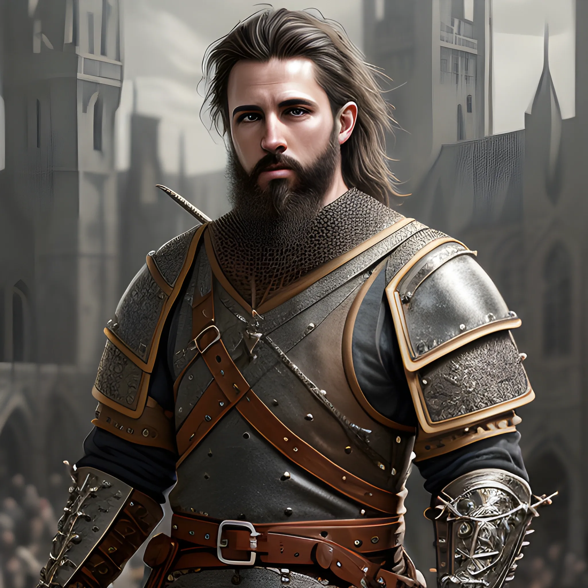 Male, rugged, medieval outfit, hyper detailed background, realistic, DeviantArt, highly detailed, highly detailed, dof, fantasy, beautiful, dynamic, lighting, award winning, crisp quality, hyper realistic, hyper detailed, 4k resolution, highly detailed background, digital painting, trending on artstation, artstastion, highly detailed