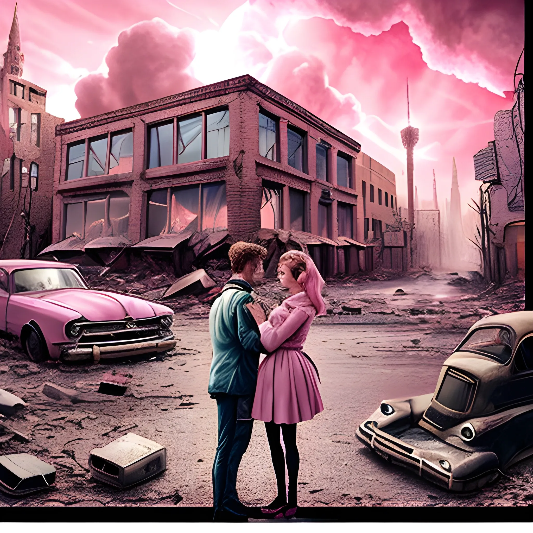 two lovers in front of an apocalyptic scene in a town. Cats are attacking the city. All is Pink and glittery